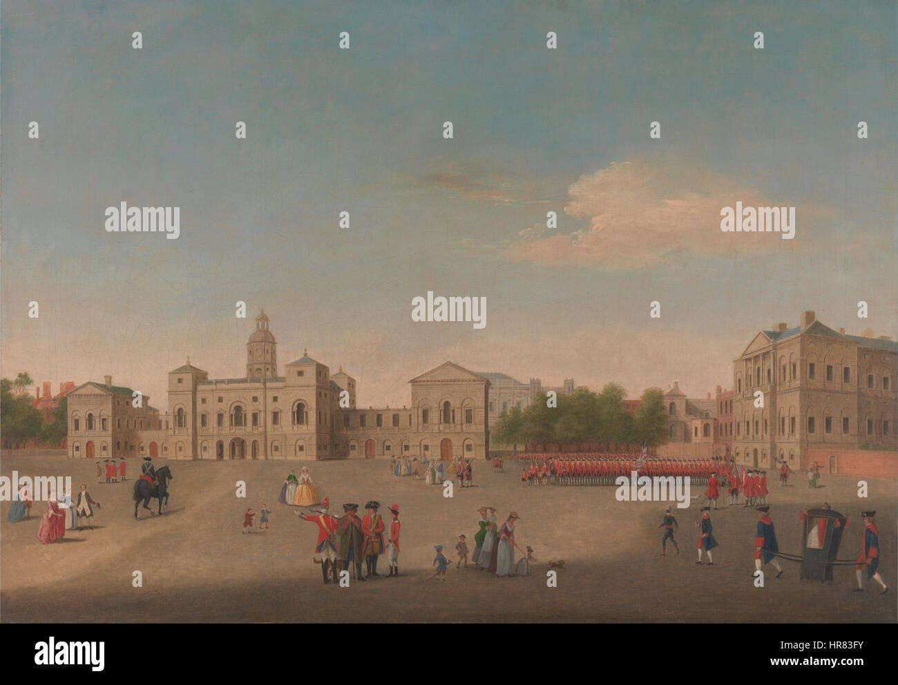 Dieses Gemälde der Horse Guards und Whitehall zeigt eine lebhafte Szene der berühmten Regierungsgebäude und zeremoniellen Pferdewachen Londons. Das Bild zeigt die historische Architektur und die Grandiosität der britischen Regierungsstrukturen. Stockfoto