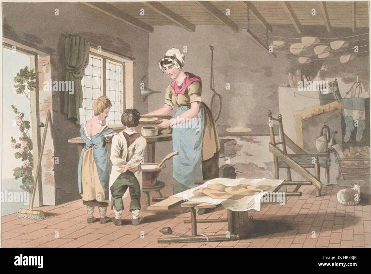 Dieses Kunstwerk zeigt eine Frau in Yorkshire, die Haferkuchen zubereitet, ein traditionelles Essen der Region. Das Gemälde spiegelt das tägliche Leben im ländlichen England während des 19. Jahrhunderts wider und konzentriert sich auf landwirtschaftliche und häusliche Aufgaben. Stockfoto