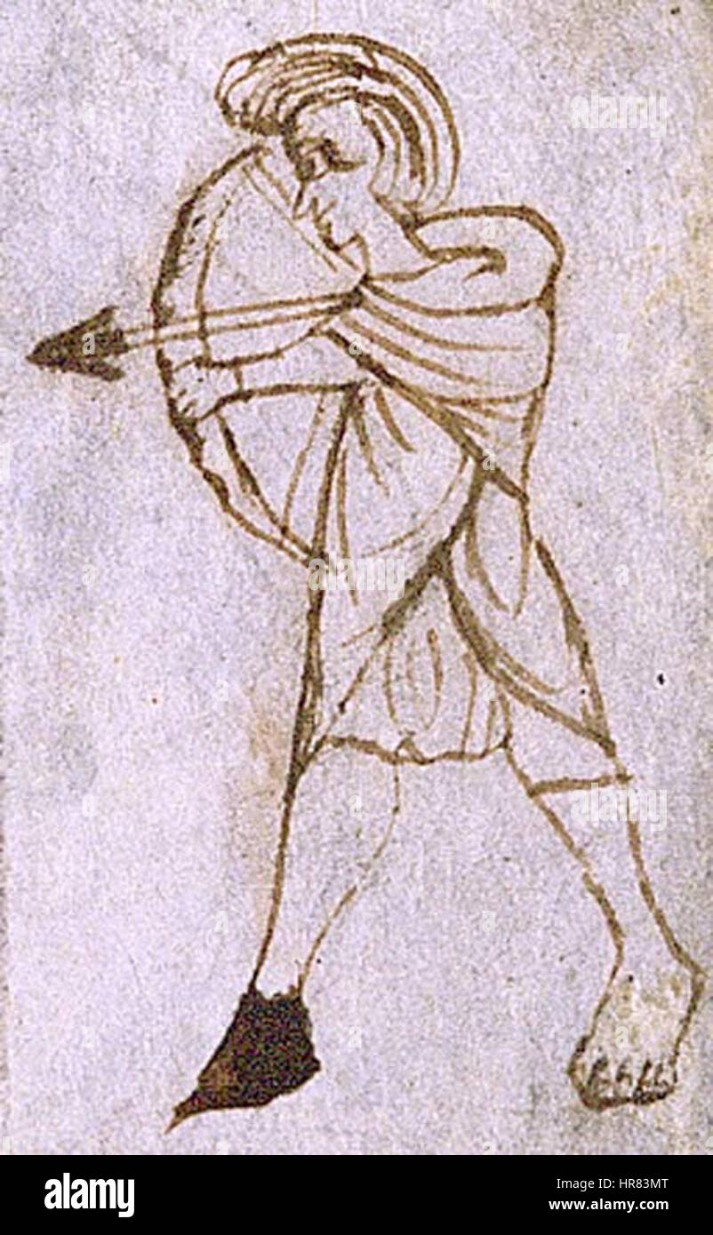 Diese mittelalterliche Illustration zeigt einen walisischen bowman aus dem 13. Jahrhundert und zeigt die historische Bedeutung des Bogenschießens in Wales. Das Bild hebt die Kleidung und die Waffen des bowman hervor, die für diese Zeit charakteristisch sind. Stockfoto