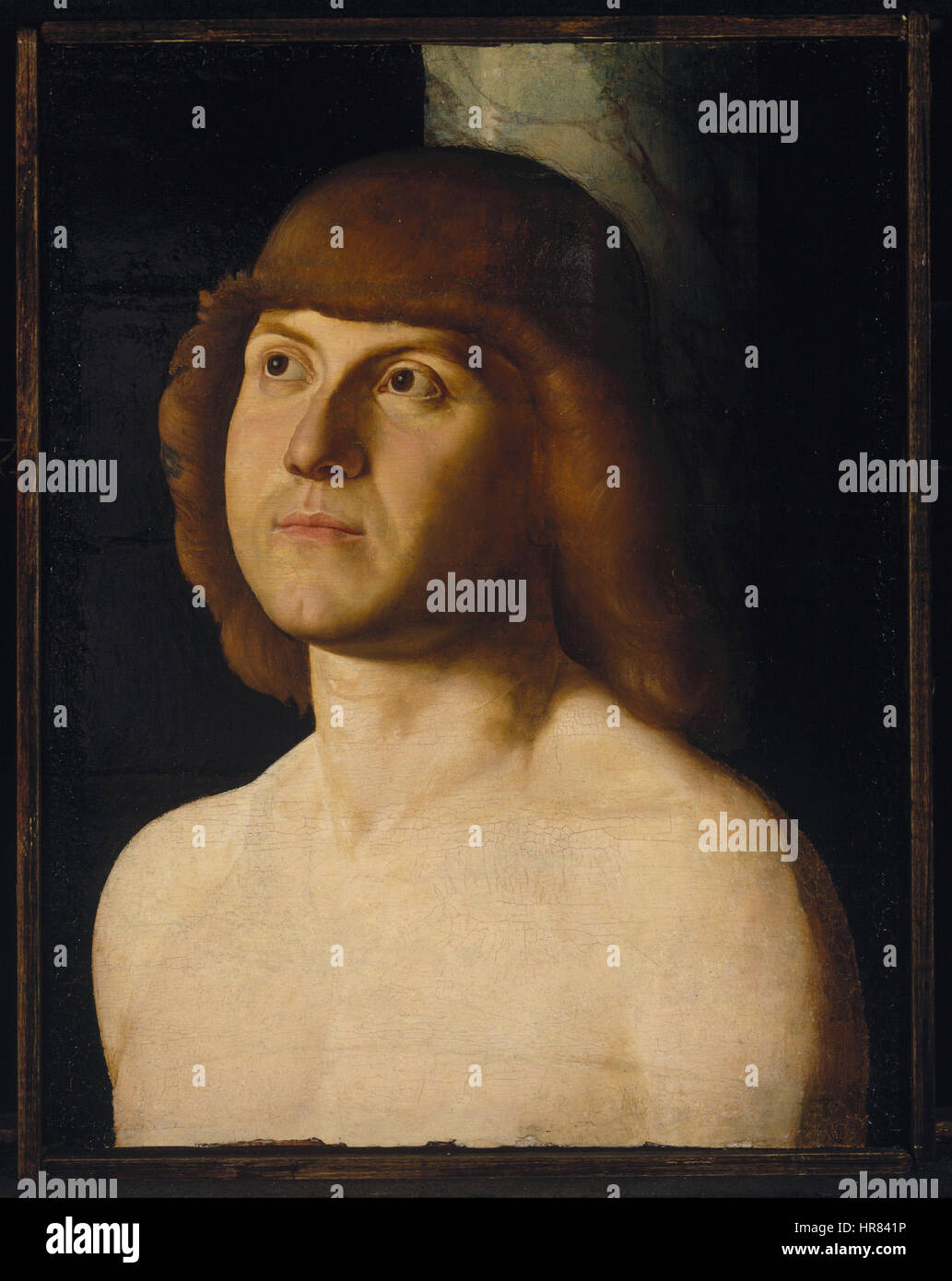 Dieses Gemälde aus dem späten 15. Jahrhundert, das einem Gefolge von Antonello da Messina zugeschrieben wurde, zeigt den heiligen Sebastian und konzentriert sich dabei auf sein Martyrium. Der detaillierte Ausdruck und die realistische Darstellung spiegeln den Einfluss der venezianischen Schule wider. Stockfoto