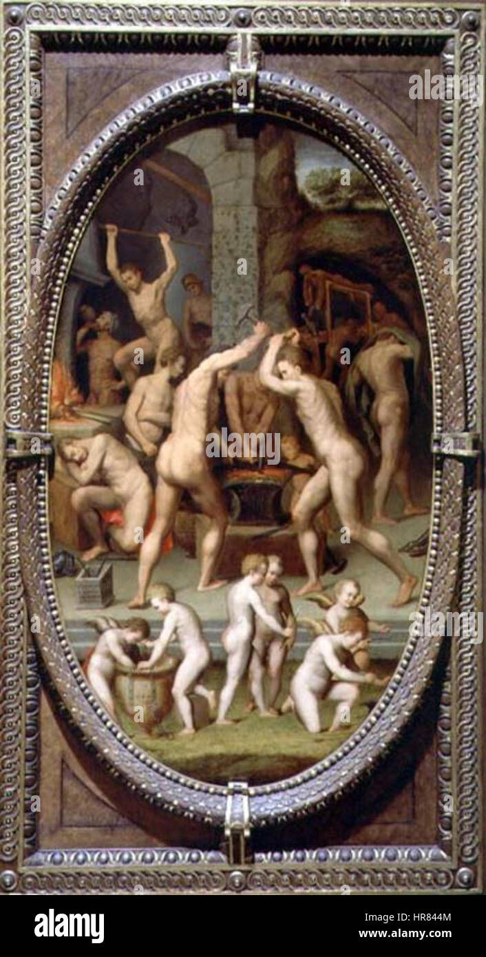 „Forja de Vulcano“ von Vittorio Casini zeigt die Schmiede von Vulkan, dem römischen Gott des Feuers und der Metallverarbeitung. Das Kunstwerk spiegelt die klassische Mythologie wider, wobei der Schwerpunkt auf dem dramatischen Prozess der Metallschmiedekunst und der Kraft der Schmiede liegt. Stockfoto