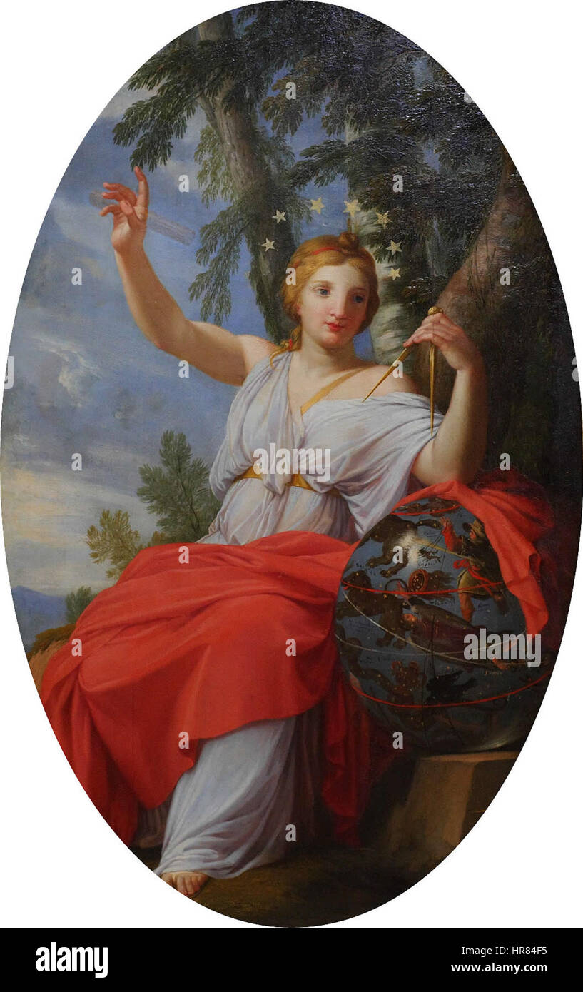 *Die Muse Urania* von Eustache Le Sueur präsentiert die Muse der Astronomie, Urania, dargestellt mit Himmelselementen wie einem Globus und den Sternen. Das Kunstwerk spiegelt den französischen Barockstil des 17. Jahrhunderts wider und beschäftigt sich mit dem Thema Wissenschaft und Wissen. Stockfoto