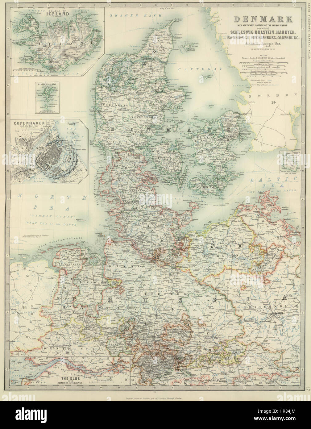 W. & a.k. Johnston - Dänemark mit Nordwest-Teil des Deutschen Reiches, 1893 Stockfoto