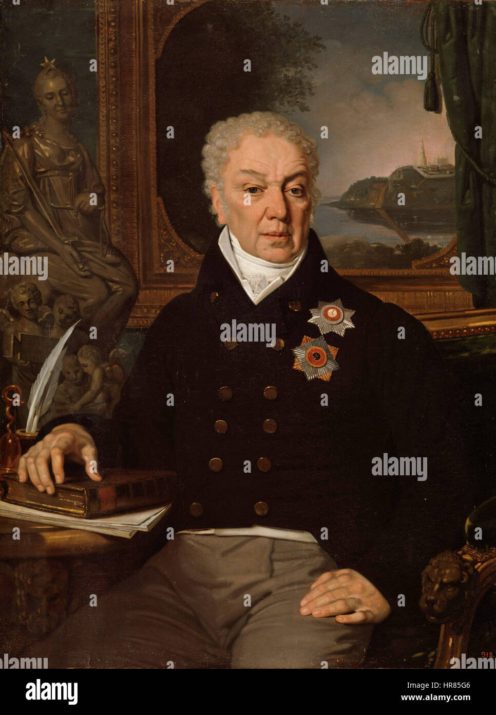 Wladimir Borovikowskys Porträtbild, bekannt als 017, fängt die würdevolle Erscheinung des Motivs ein. Das Werk demonstriert Borovikowskys Fähigkeit, den Charakter durch sorgfältige Details zu vermitteln, insbesondere in der Darstellung von Gesichtszügen und Kleidung, die die russische Aristokratie des frühen 19. Jahrhunderts widerspiegelt. Stockfoto
