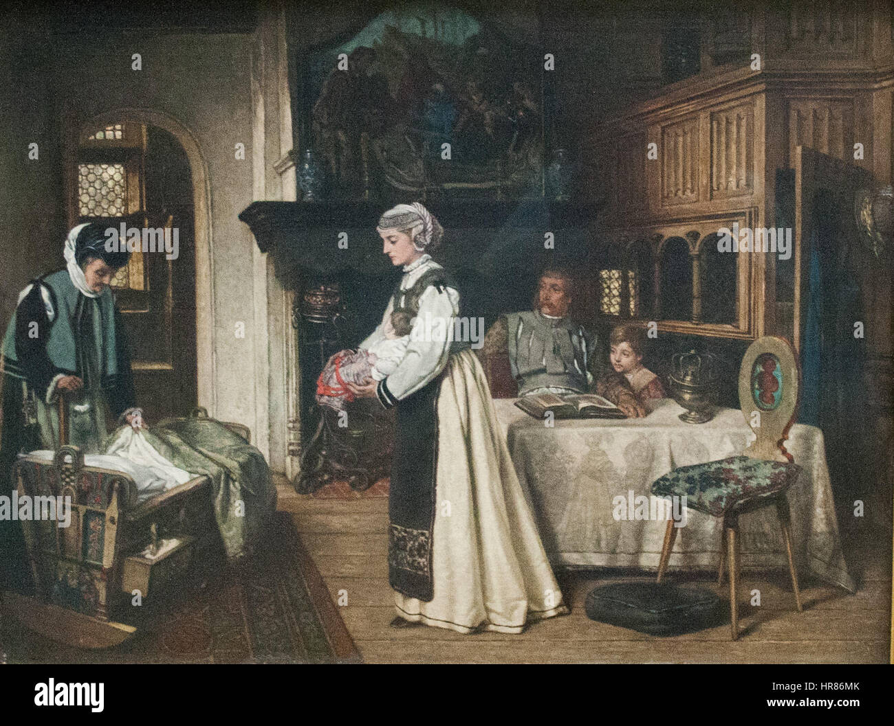 Victor Lagyes „Familienszene zur Zeit der Katholischen Liga“ veranschaulicht ein häusliches Umfeld während der turbulenten Zeit der Katholischen Liga in Frankreich. Das Gemälde vermittelt sowohl familiäre Wärme als auch historische Spannungen der Zeit. Stockfoto