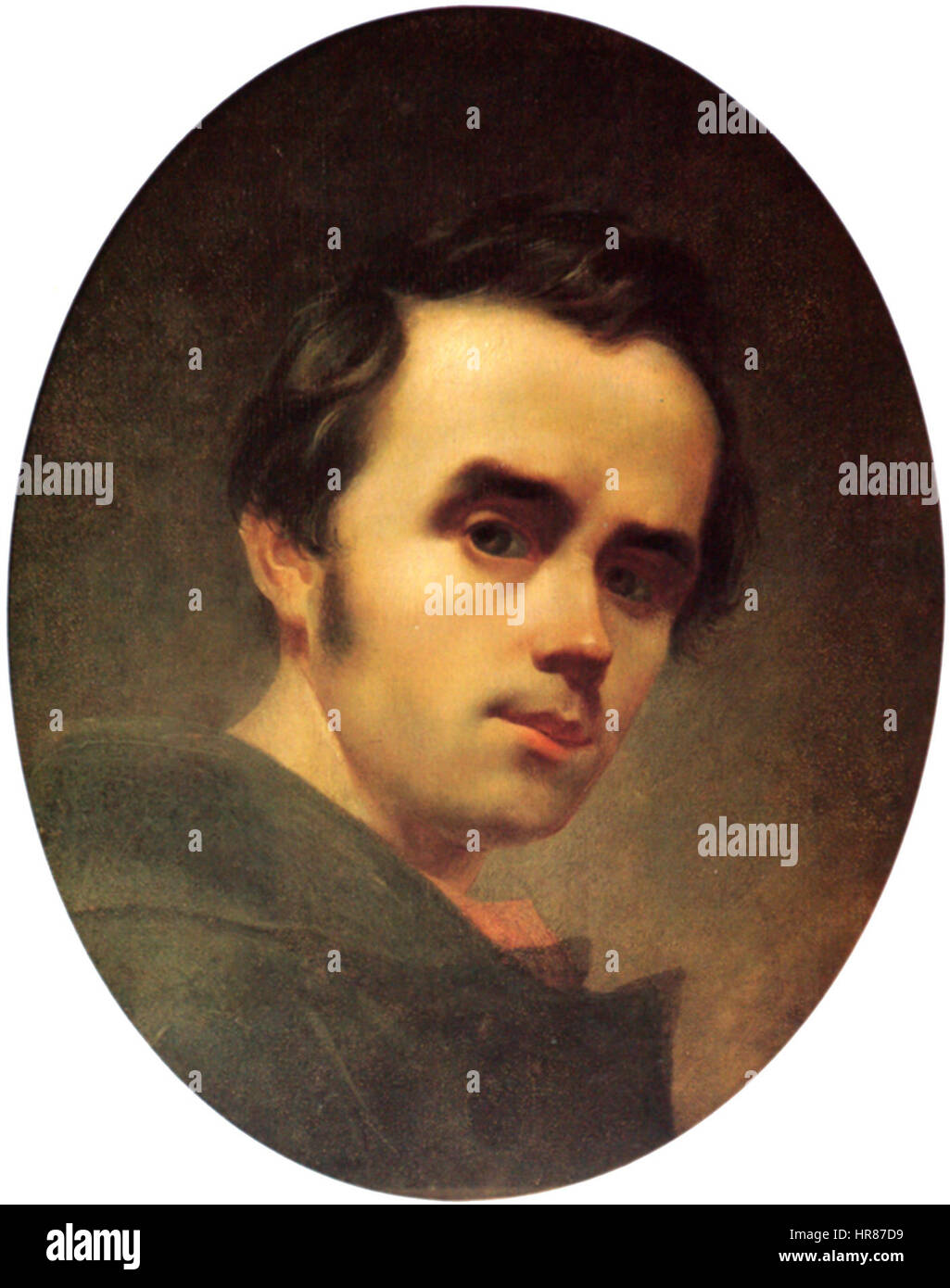 Dieses 1840 entstandene, zugeschnittene Selbstporträt von Taras Schewtschenko spiegelt die emotionale Tiefe und Intensität des ukrainischen Künstlers wider. Es ist ein bemerkenswertes Beispiel für seine Auseinandersetzung mit Selbstidentität und Ausdruck durch Porträts. Stockfoto