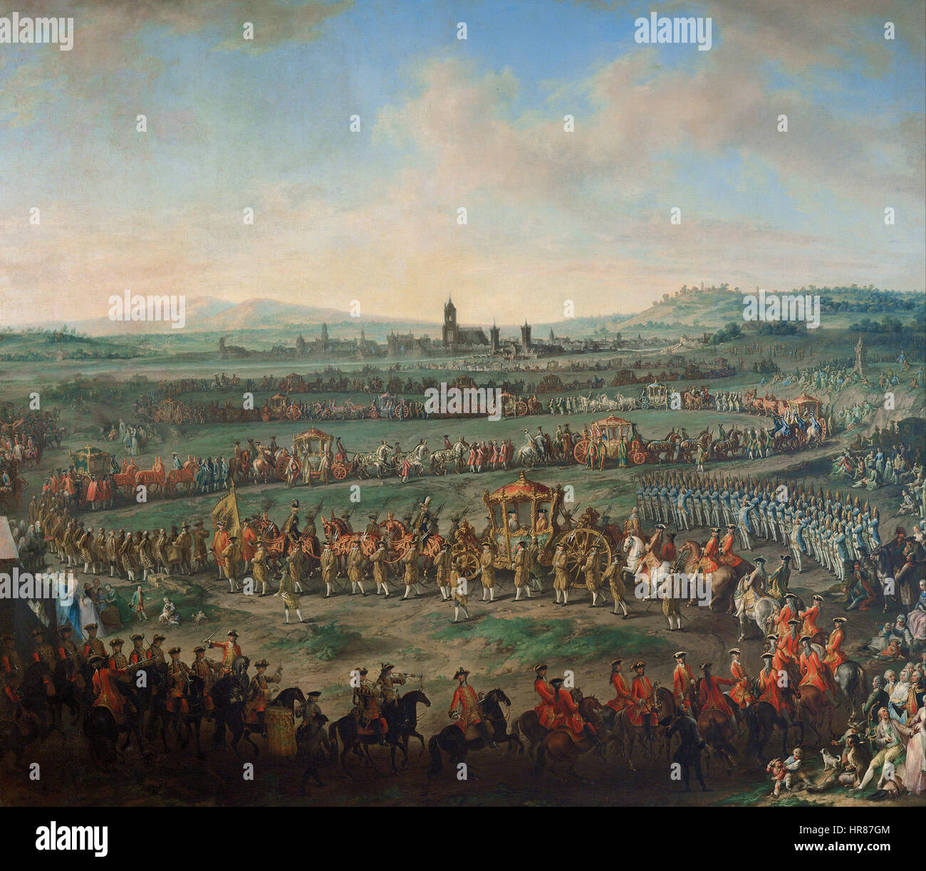 Dieses historische Gemälde zeigt den großen Eingang Kaiser Franz I. Stephan und seines Sohnes Joseph 1764 nach Frankfurt. Er zeigt die Kaiserprozession und die zeremoniellen Aspekte des Ereignisses. Stockfoto