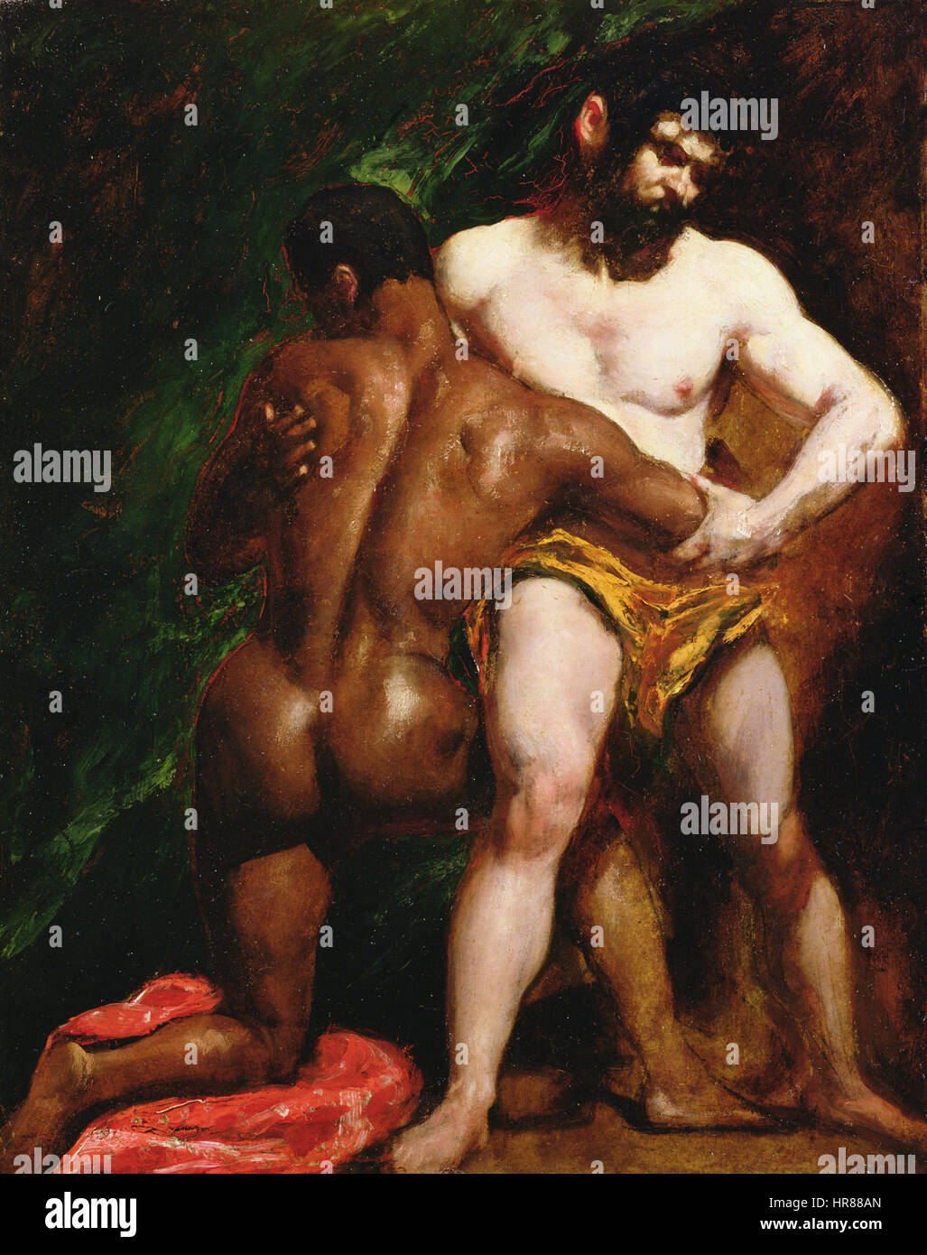 „The Wrestlers“ von William Etty zeigt eine dramatische, dynamische Szene zweier männlicher Figuren, die sich in einem physischen Kampf befinden. Ettys Verwendung von Licht und muskulösen Formen ist charakteristisch für seine Erforschung des menschlichen Körpers, indem er sowohl die Spannung als auch die Physik der Subjekte in einem klassischen Stil einfängt, vor einem neutralen Hintergrund, um die Bewegung der Figuren hervorzuheben. Stockfoto