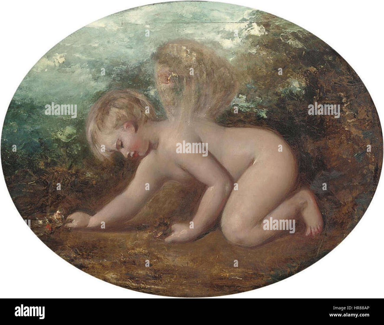 William Etty, R.A. (1787-1849) - ein Putto sammeln Blumen in einem ovalen montieren, Öl auf Holz Stockfoto