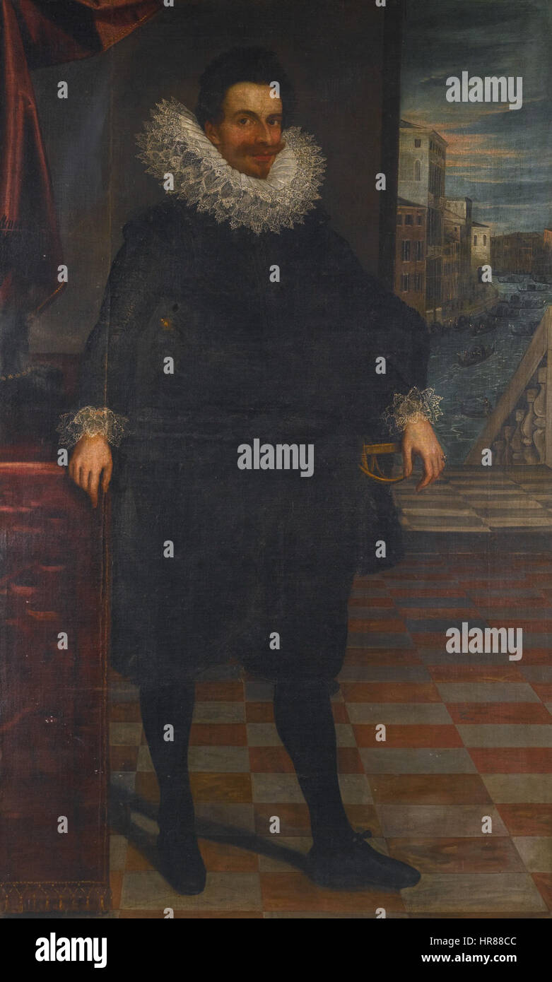 Venezianische Schule ca. 1600 Portrait eines Edelmannes mit Blick auf Venedig Stockfoto