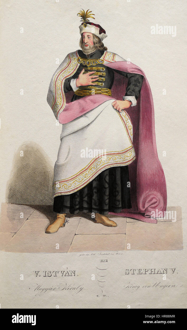 Diese Lithografie von Stephan V. ist eine künstlerische Darstellung des ungarischen Königs, der Ende des 13. Jahrhunderts regierte. Die Lithografie dient als historische Darstellung seiner Herrschaft und seines königlichen Bildes. Stockfoto