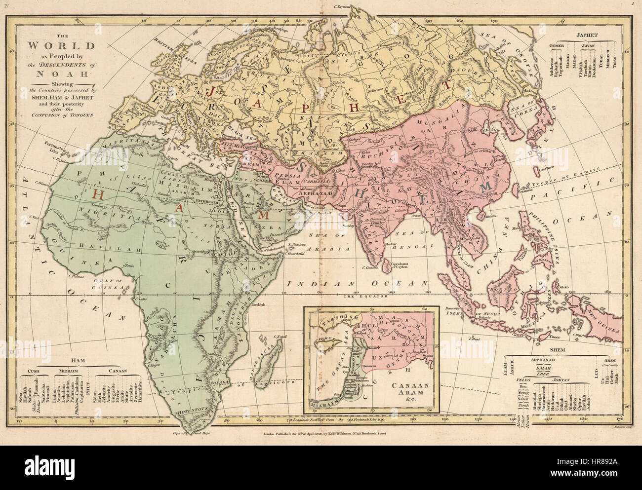 Die Welt wie durch die Nachkommen von Noah Shewing die Länder besessen von Shem, Schinken & Japhet und ihre Nachkommenschaft nach die Verwirrung der Sprachen bevölkert. Stockfoto