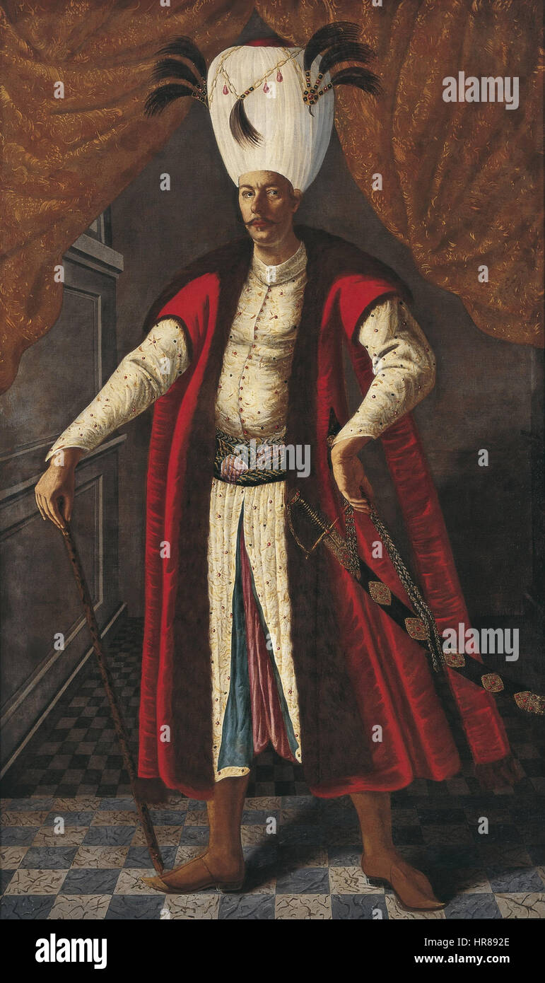 Ein Porträt von Sultan Mehmed IV., dem osmanischen Herrscher aus dem 17. Jahrhundert, der für seine Feldzüge und Reformen bekannt ist. Diese Darstellung unterstreicht seine königliche Kleidung und autoritative Präsenz und spiegelt seinen Status als bedeutende Figur in der osmanischen Geschichte wider. Stockfoto