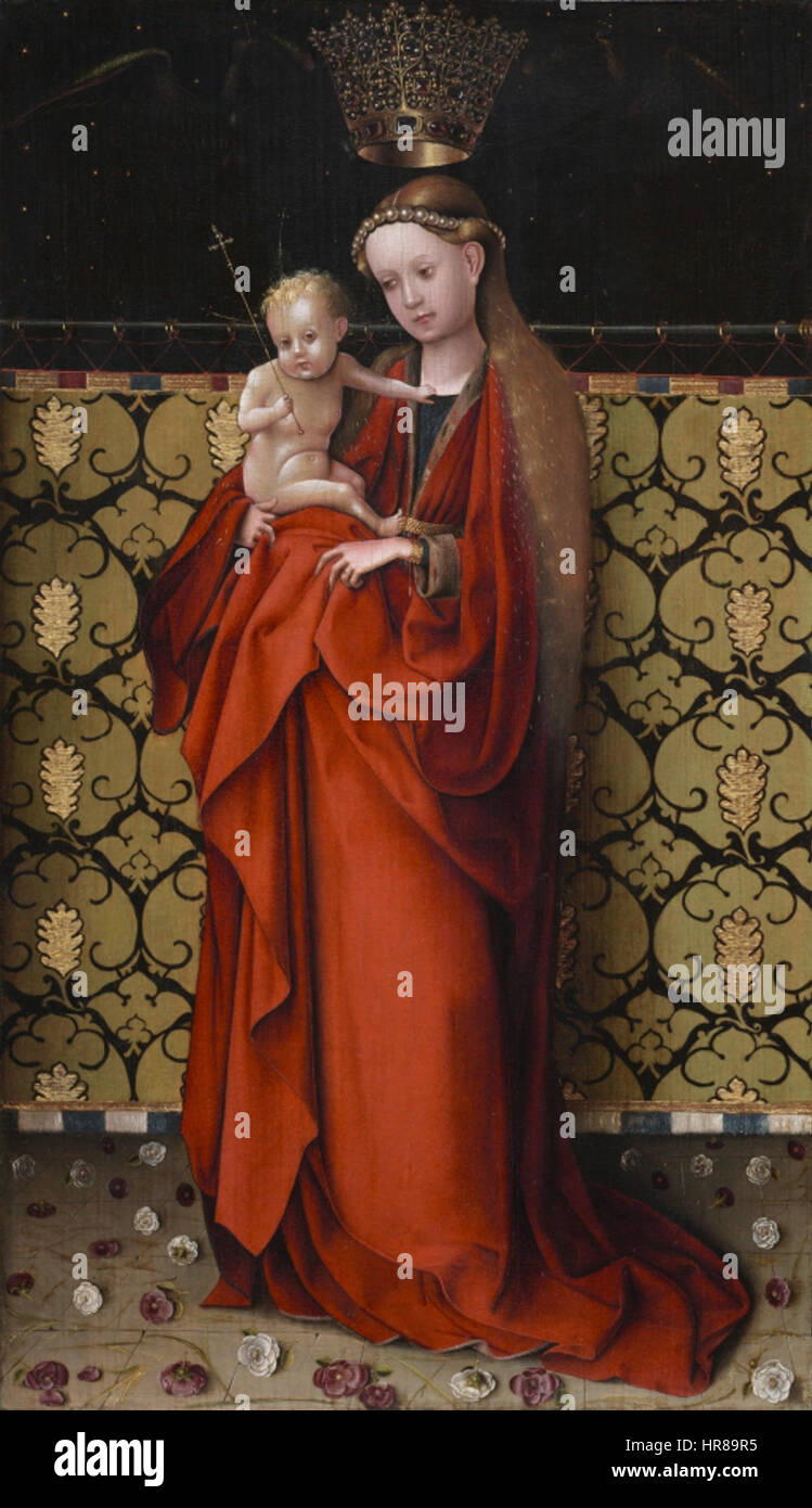 *Die Jungfrau gekrönt von Engeln* von Stefan Lochner, gemalt um 1450, ist ein bemerkenswertes Beispiel gotischer Kunst. Es zeigt die Jungfrau Maria, die von Engeln gekrönt wird, ein Thema, das in der religiösen Ikonographie der Zeit populär ist. Stockfoto