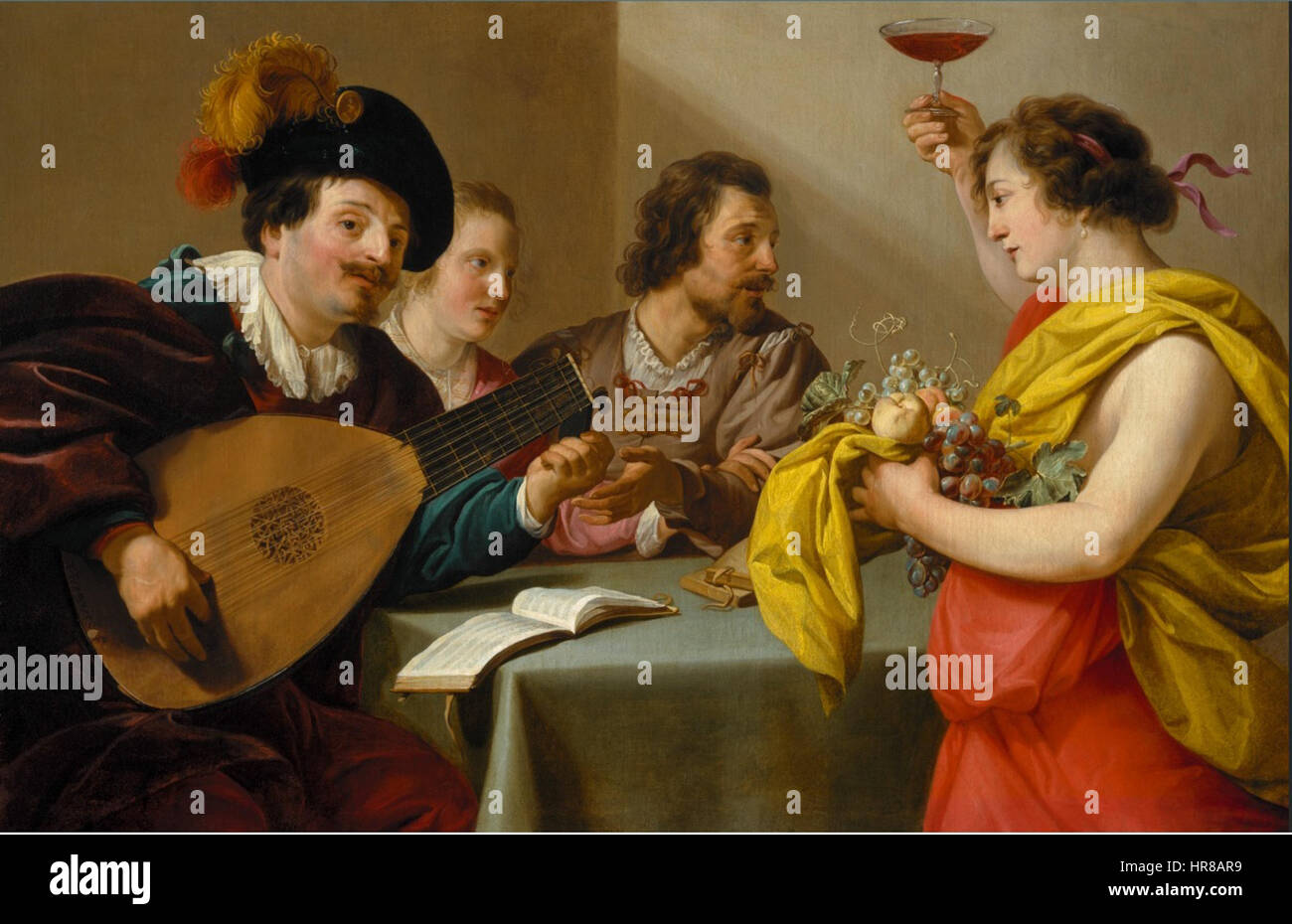 „Musical Company with Bacchus“ von Theodoor Rombouts zeigt Bacchus, den Gott des Weins, umgeben von Musikern. Dieses barocke Gemälde veranschaulicht Rombouts Verwendung lebendiger Farben und dramatischer Lichteffekte. Stockfoto