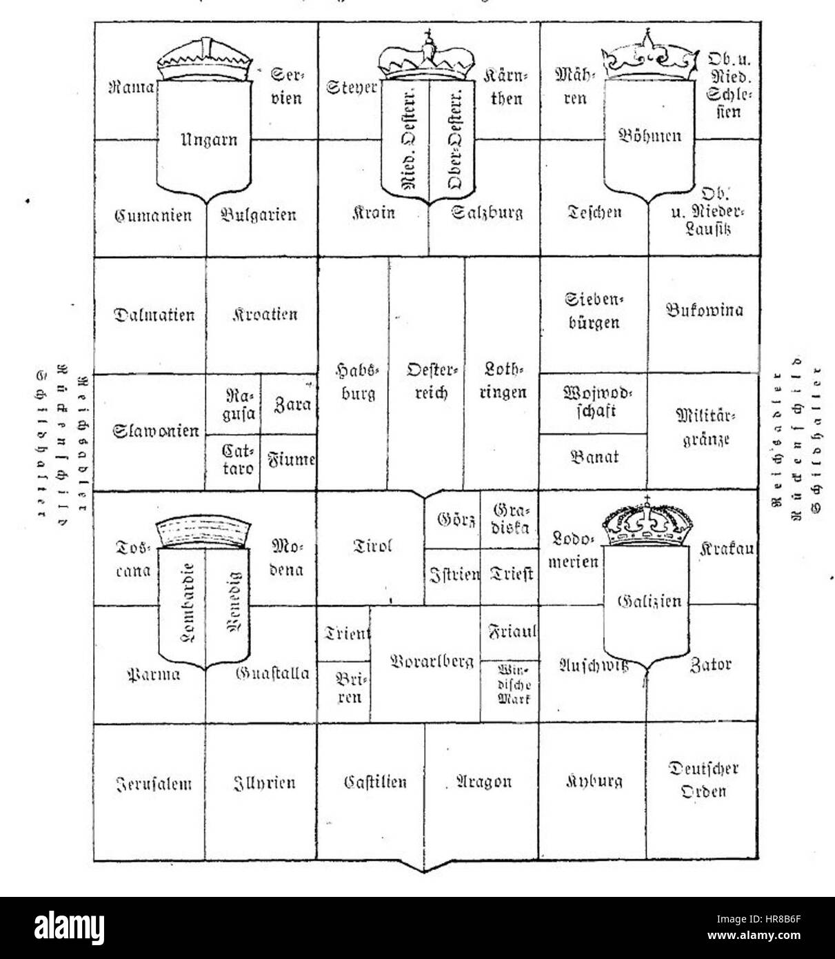 *Vol6 GrossesWappen b* bezieht sich auf ein Wappenwerk, das ein großes Wappen darstellt, möglicherweise Teil einer Serie über Wappensymbole. Das Stück hebt die Tradition hervor, Wappen zu verwenden, um Familien, Adel und Institutionen in historischen Zusammenhängen zu repräsentieren. Stockfoto