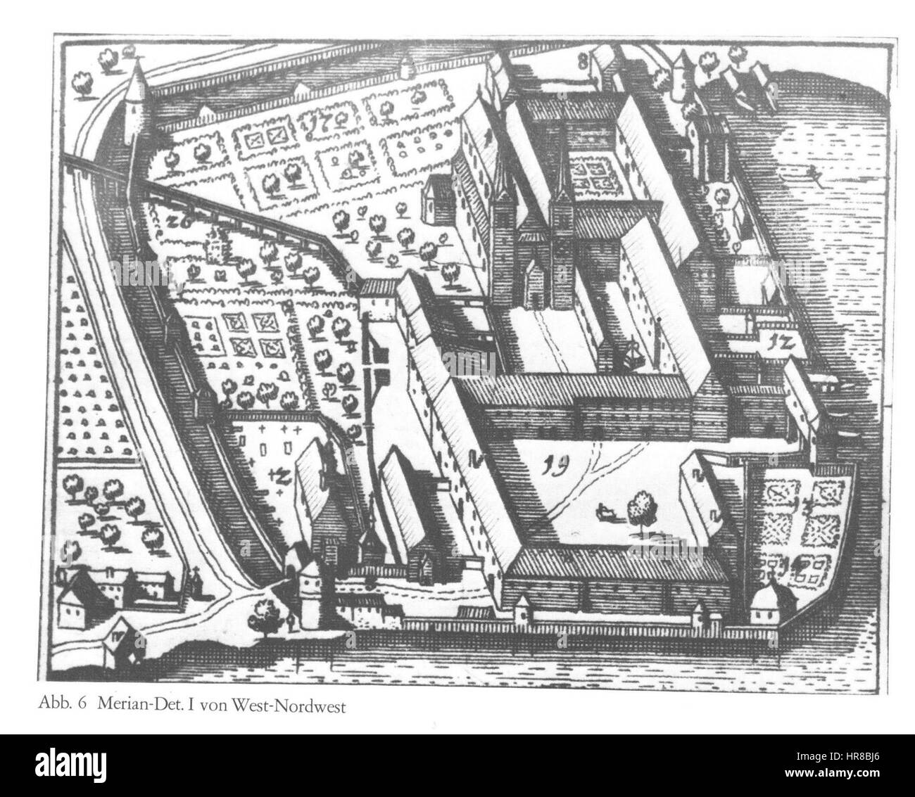 „Tegernsee Merian“ bezieht sich auf einen Stich des Künstlers und Druckers Matthäus Merian. Das Bild zeigt den Tegernsee, bekannt für seine schönen Landschaften und seine historische Architektur und unterstreicht die natürliche Schönheit und kulturelle Bedeutung der Region. Stockfoto
