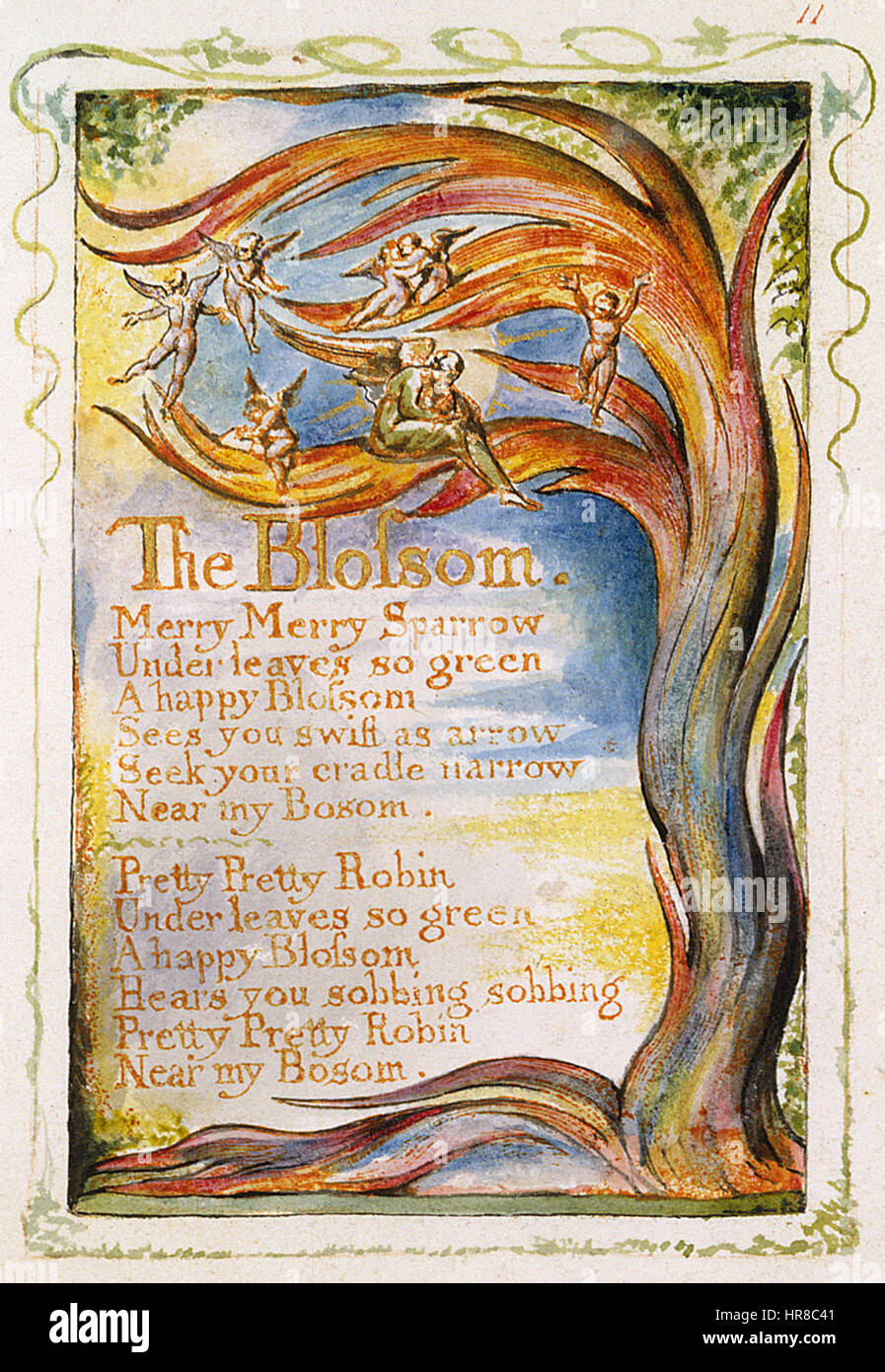 Songs of Innocence and of Experience ist eine Reihe von erleuchteten Gedichten von William Blake. „The Blossom“ aus dieser Serie zeigt die Unschuld und Reinheit der Kindheit und verbindet Poesie mit lebendigen Illustrationen, die Blakes einzigartigen künstlerischen Stil repräsentieren. Stockfoto