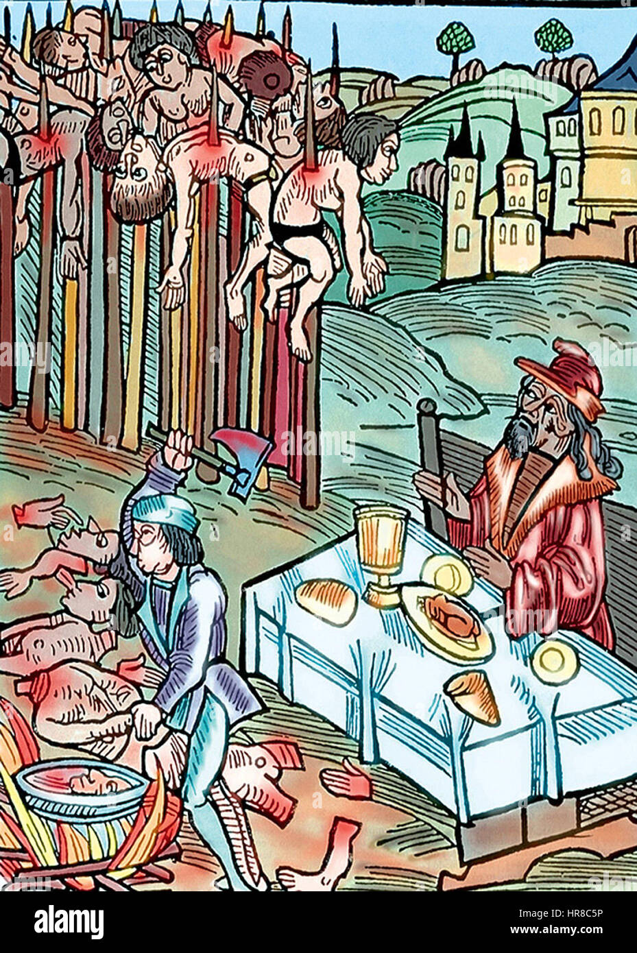 Die Darstellung von Vlad Tepes (Vlad der Pfähler) mit seinem Wald konzentriert sich auf seine historischen und mythologischen Verbindungen zu den siebenbürgischen Wäldern. Das Gemälde verbindet Legende und Realität und unterstreicht seinen Ruf. Stockfoto