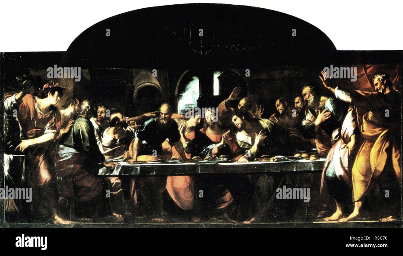 Ultima Cena (das letzte Abendmahl) von G.C. Procaccini ist ein religiöses Gemälde, das die letzte Mahlzeit darstellt, die Jesus und seine Jünger geteilt haben. Das Kunstwerk spiegelt den dramatischen Moment mit satten Farben, detaillierten Ausdrücken und einem tiefen Gefühl der Hingabe wider. Stockfoto