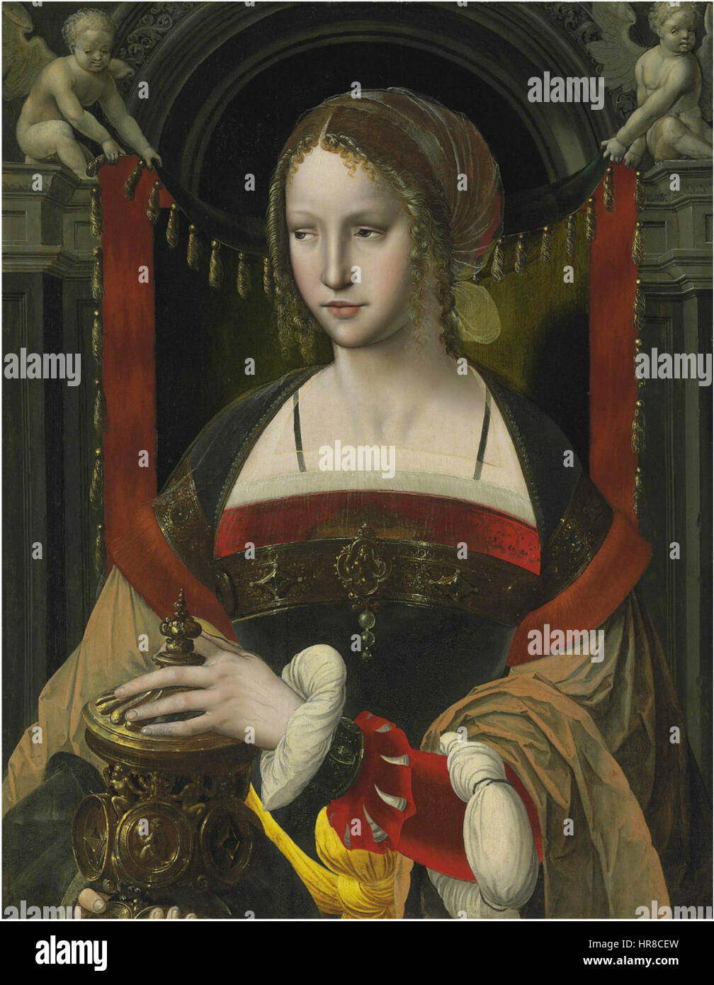 Der Meister mit dem Papagei, Saint Mary Magdalene vor einem Vorhang, unterstützt von den Engeln in einer architektonischen Nische Stockfoto