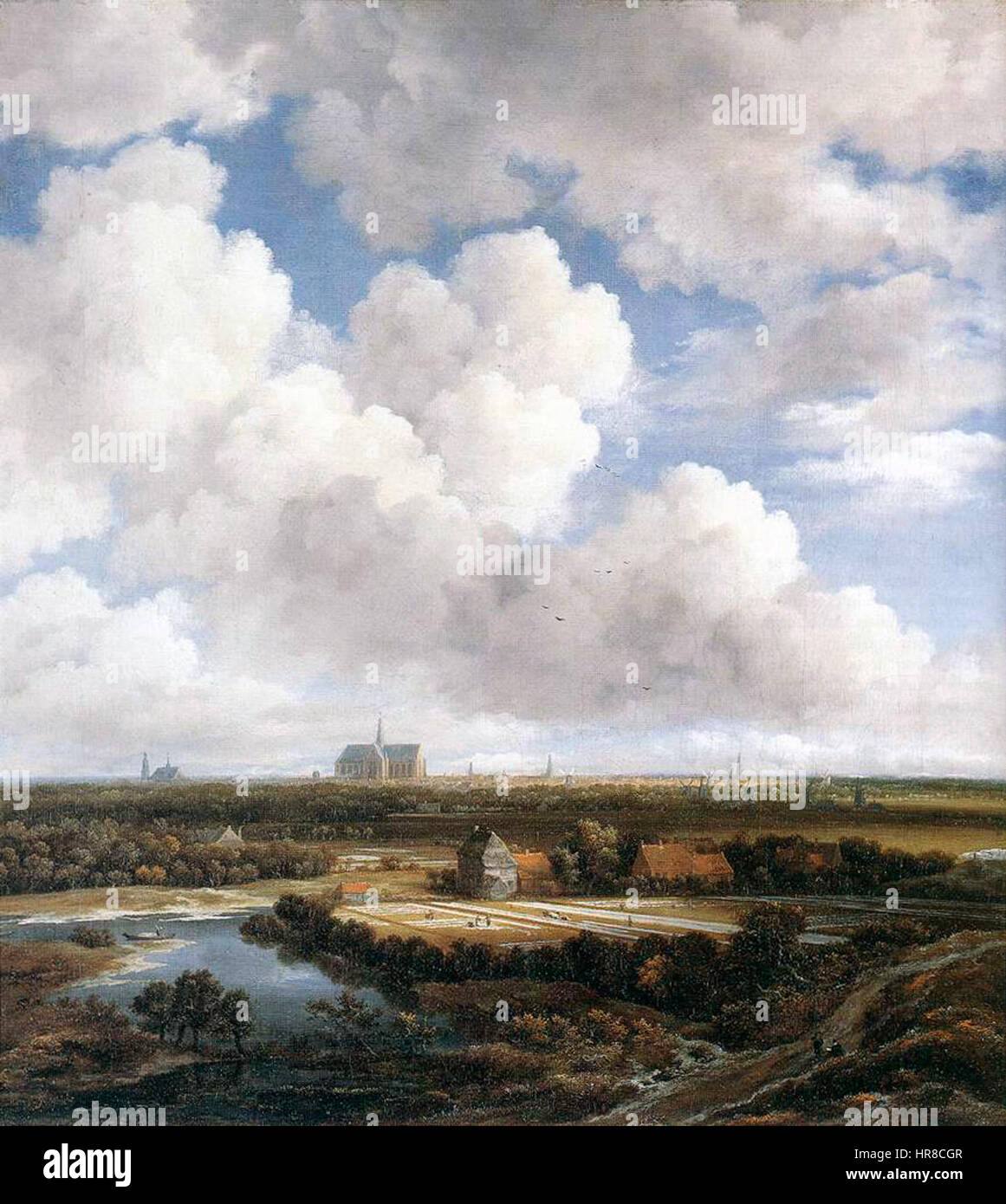 Jacob van Ruisdaels „View of Haarlem with Bleichground“ ist ein Landschaftsgemälde aus dem 17. Jahrhundert, das eine Ansicht von Haarlem, Niederlande, mit gebleichtem Tuch, das im Vordergrund trocknet, darstellt. Das Stück zeigt Ruisdaels Beherrschung des Lichts, der Landschaft und der natürlichen Schönheit. Stockfoto