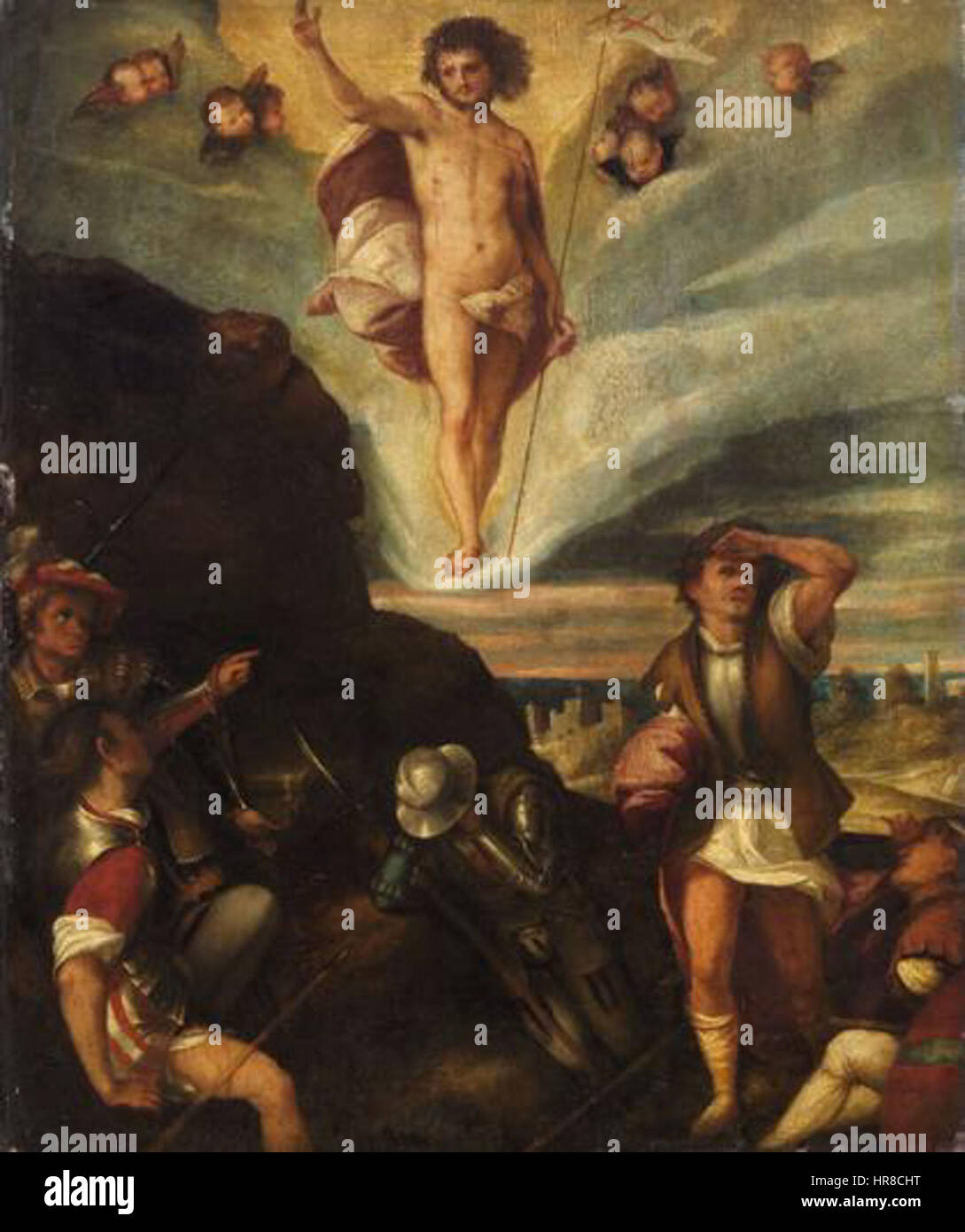 „Himmelfahrt Christi“ aus der venezianischen Schule ist eine Darstellung des Aufstiegs Christi in den Himmel. Dieses Werk spiegelt venezianische künstlerische Traditionen wider und betont dramatisches Licht und lebhafte Farben, die typisch für die Renaissance sind. Stockfoto