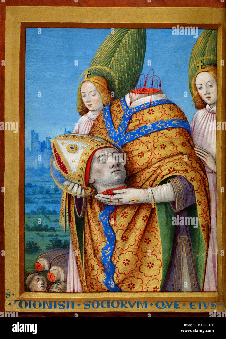 Saint Denis ist eine historische Figur und frühchristlicher Märtyrer, der oft als schutzheiliger Frankreichs gilt. Er wurde im 3. Jahrhundert enthauptet und ist in zahlreichen Kunstwerken dargestellt, insbesondere in Bezug auf seine Rolle bei der Gründung des Christentums in Gallien. Stockfoto