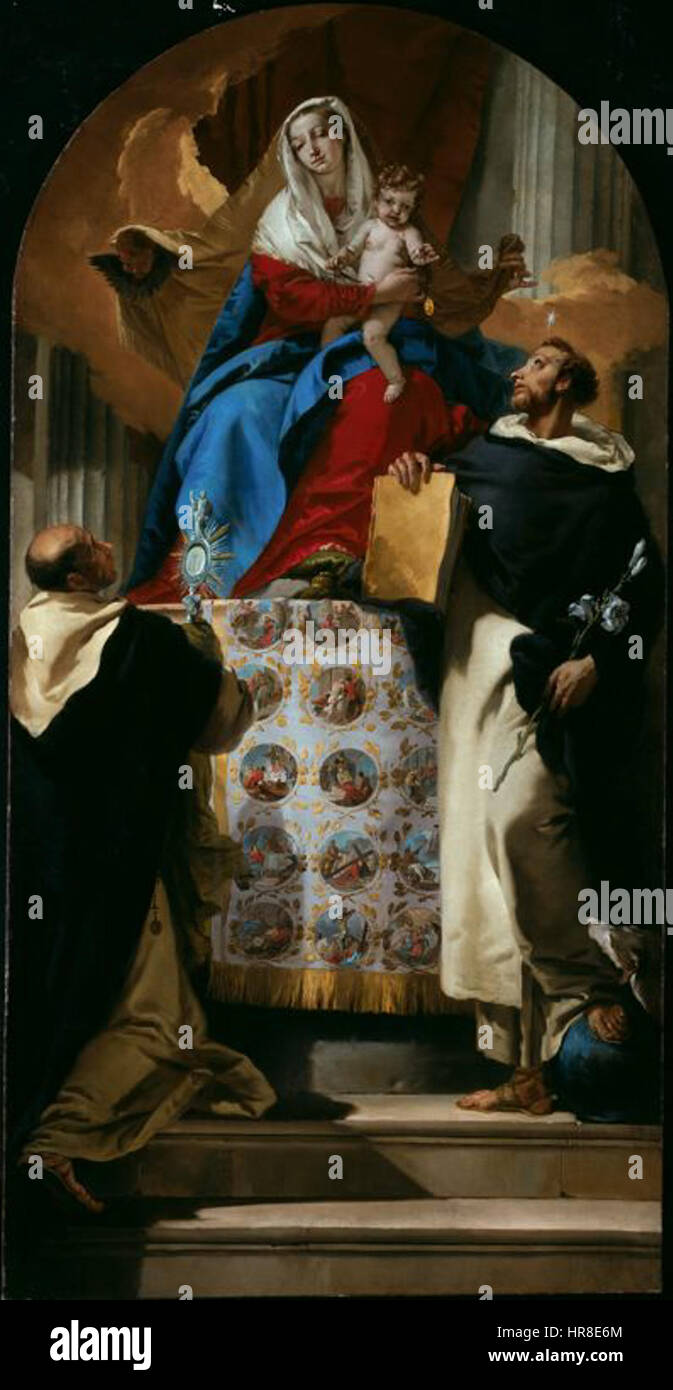 Giovanni Battista Tiepolos „Madonna con San Domenico e Giacinto“ zeigt die Jungfrau Maria mit dem Heiligen Dominikus und der Heiligen Hyacinth. Die Komposition zeigt Tiepolos charakteristischen Rokoko-Stil, der durch sanfte Farben, dynamische Bewegungen und dramatische Lichteffekte gekennzeichnet ist. Stockfoto