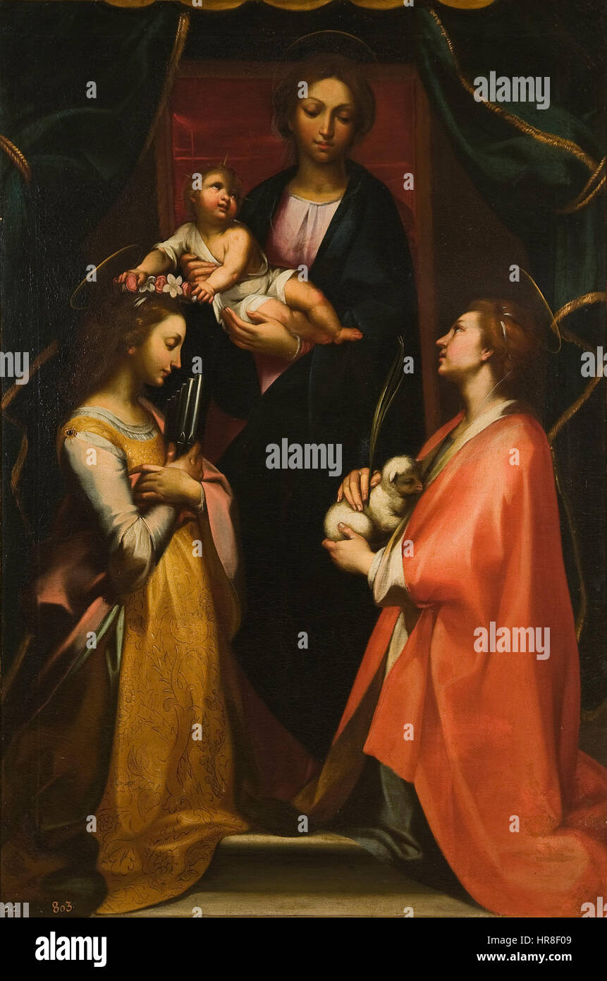 Dieses Stück von Vanni zeigt die Jungfrau Maria, begleitet von verschiedenen Heiligen, ein typisches Thema der religiösen Kunst während der Renaissance. Sie kann als Reflexion der Andachtsübungen und der Heiligenverehrung im spanischen Katholizismus angesehen werden. Stockfoto