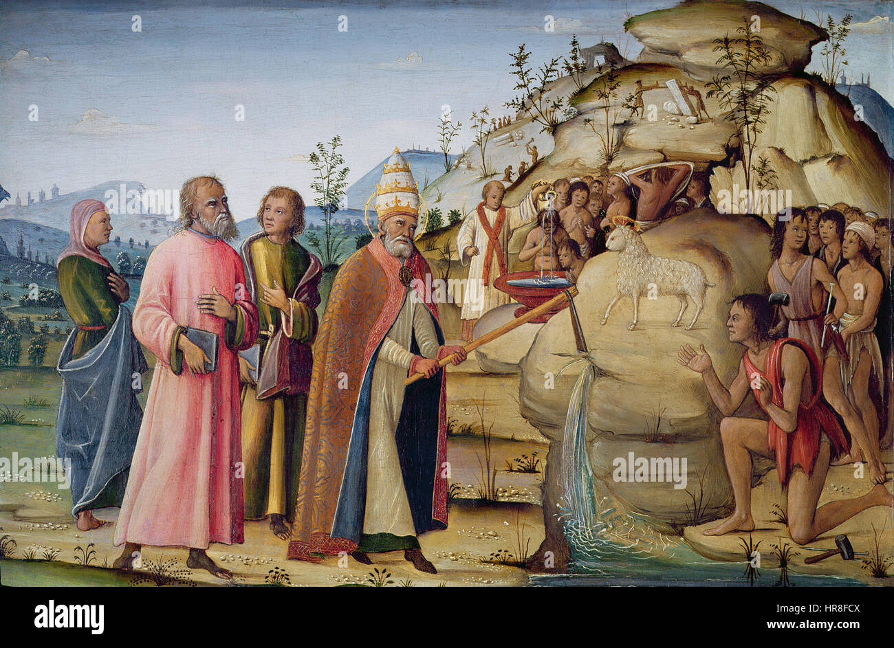 Diese Darstellung des heiligen Clemens, der auf den Felsen schlägt, ist eine lebendige Darstellung der biblischen Geschichte und fängt den dramatischen Moment ein, als Moses den Felsen schlug, um Wasser hervorzubringen. Das Kunstwerk betont religiöse Themen des Glaubens und göttlicher Intervention. Stockfoto