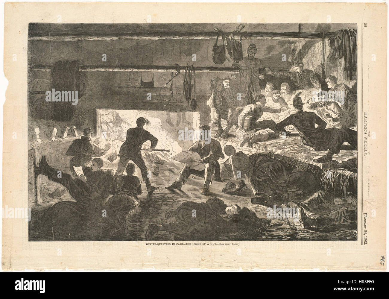 Winterquartier in Camp – das Innere einer Hütte (Boston Public Library) Stockfoto