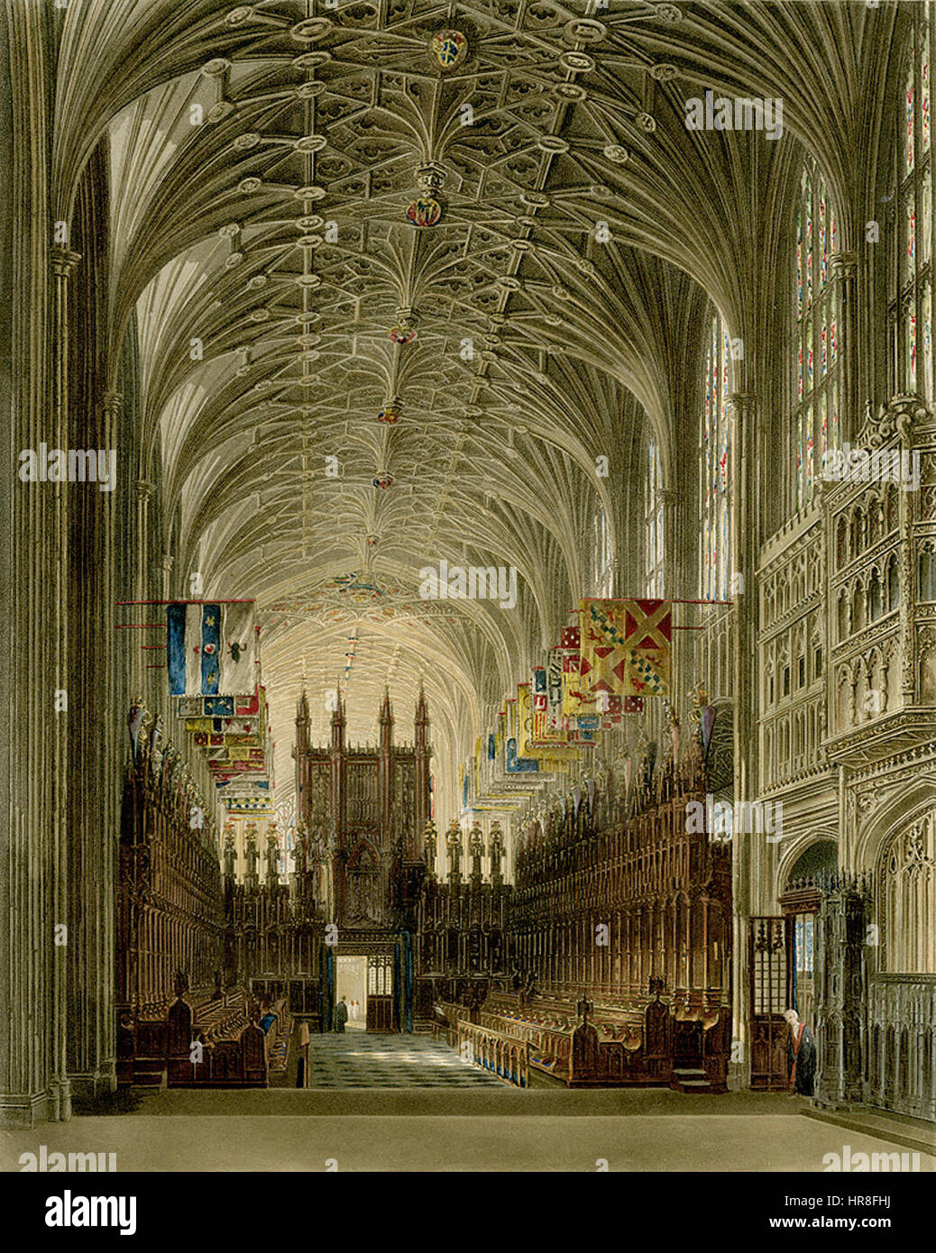 Dieser Stich aus dem Jahr 1819 zeigt die St. George's Chapel in Windsor Castle vom Altar aus gesehen. Das detaillierte Bild ist Teil von Pynes „königlichen Residences“ und veranschaulicht die Pracht der Architektur der Kapelle während des frühen 19. Jahrhunderts. Stockfoto
