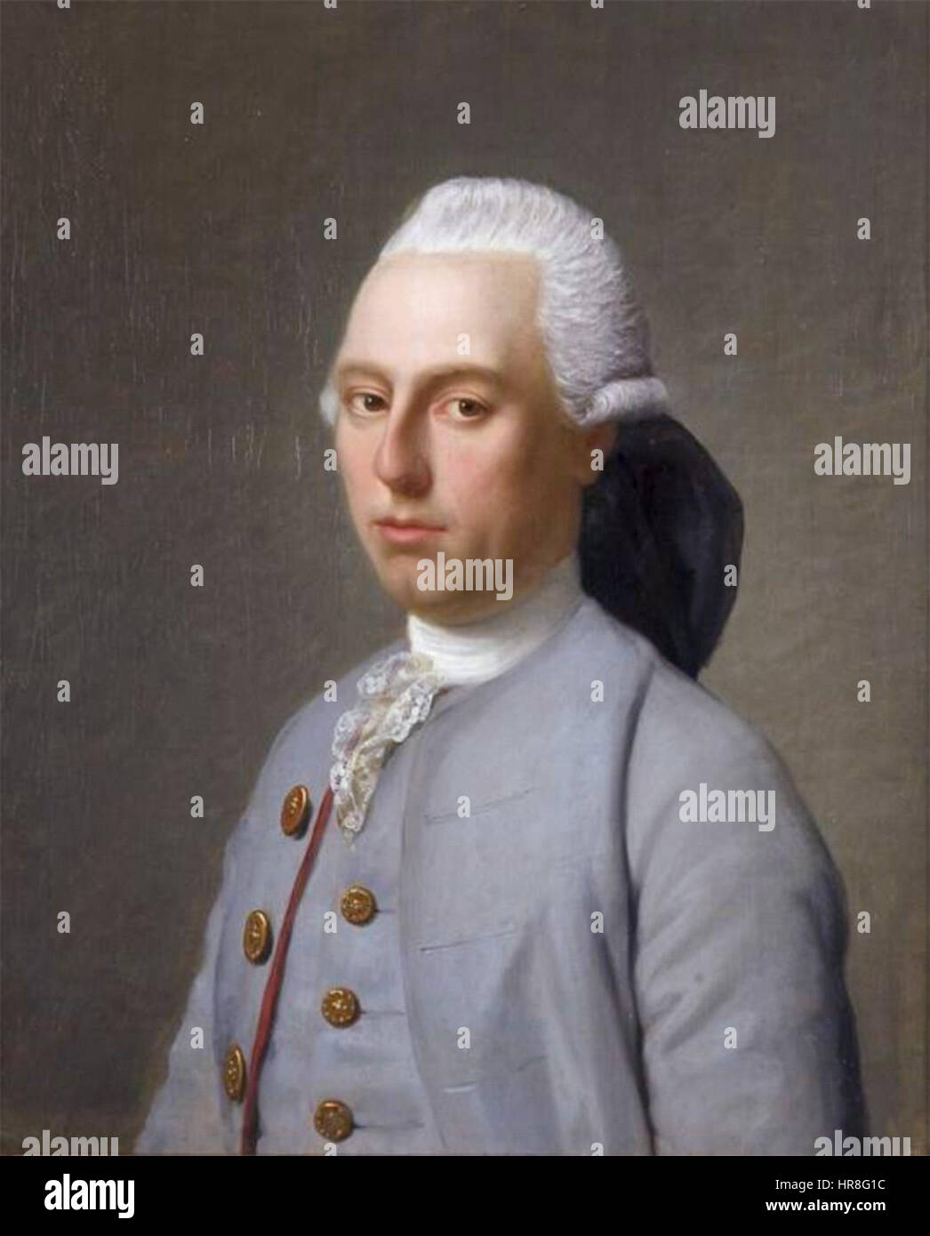 Dieses Porträt von Willem van Hogendorp, das auf dem Werk von Benjamin Samuel Bolomey basiert, fängt die niederländische politische Figur in einem formalen, historischen Kontext ein, der die europäische Porträttradition des 18. Jahrhunderts widerspiegelt. Stockfoto