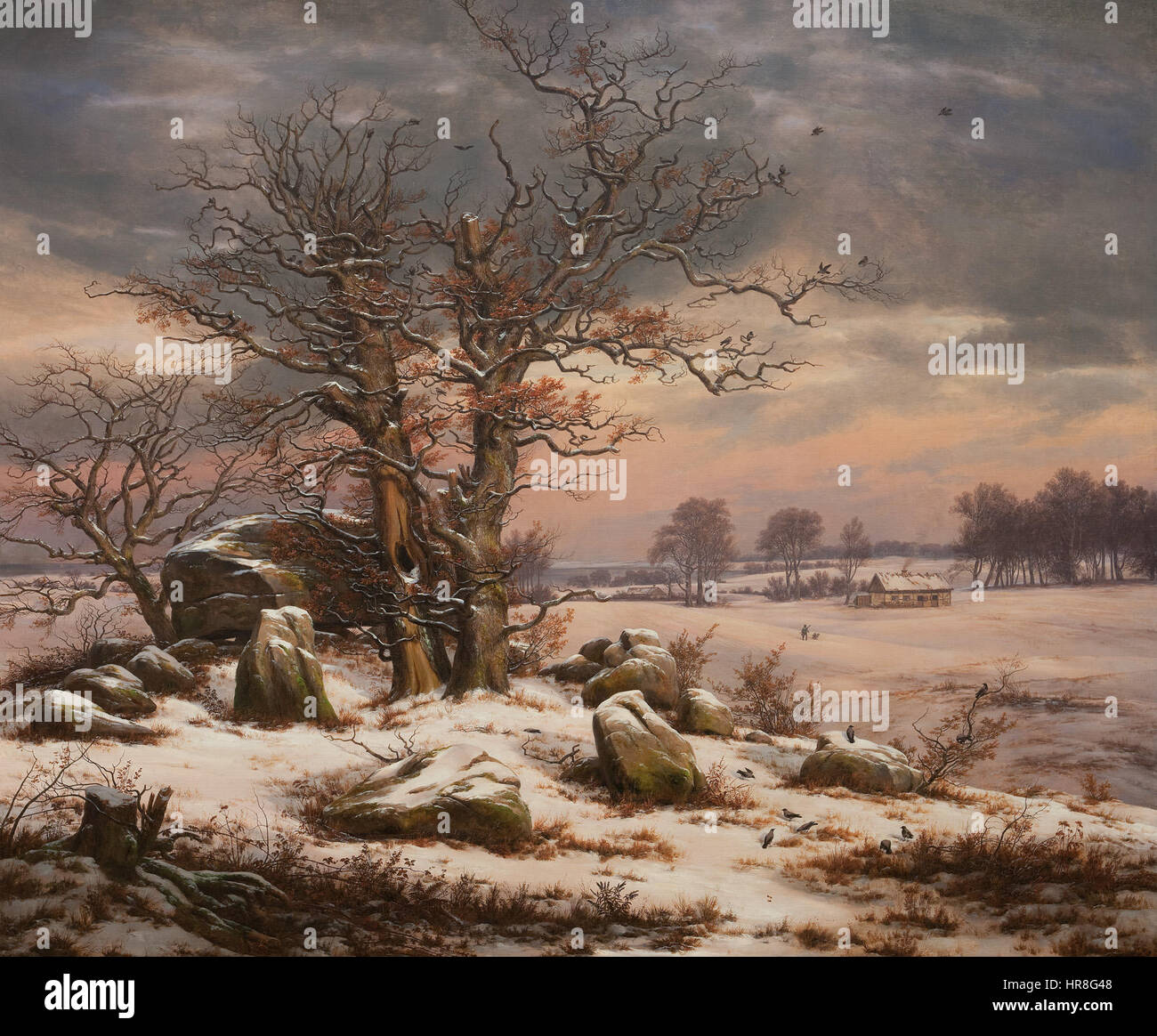 „Vinterlandskab ved Vordingborg“ ist ein dänisches Gemälde, das eine Winterlandschaft in der Nähe von Vordingborg darstellt und die ruhige und ruhige Schönheit des Winters in der dänischen Landschaft des 19. Jahrhunderts einfängt. Stockfoto