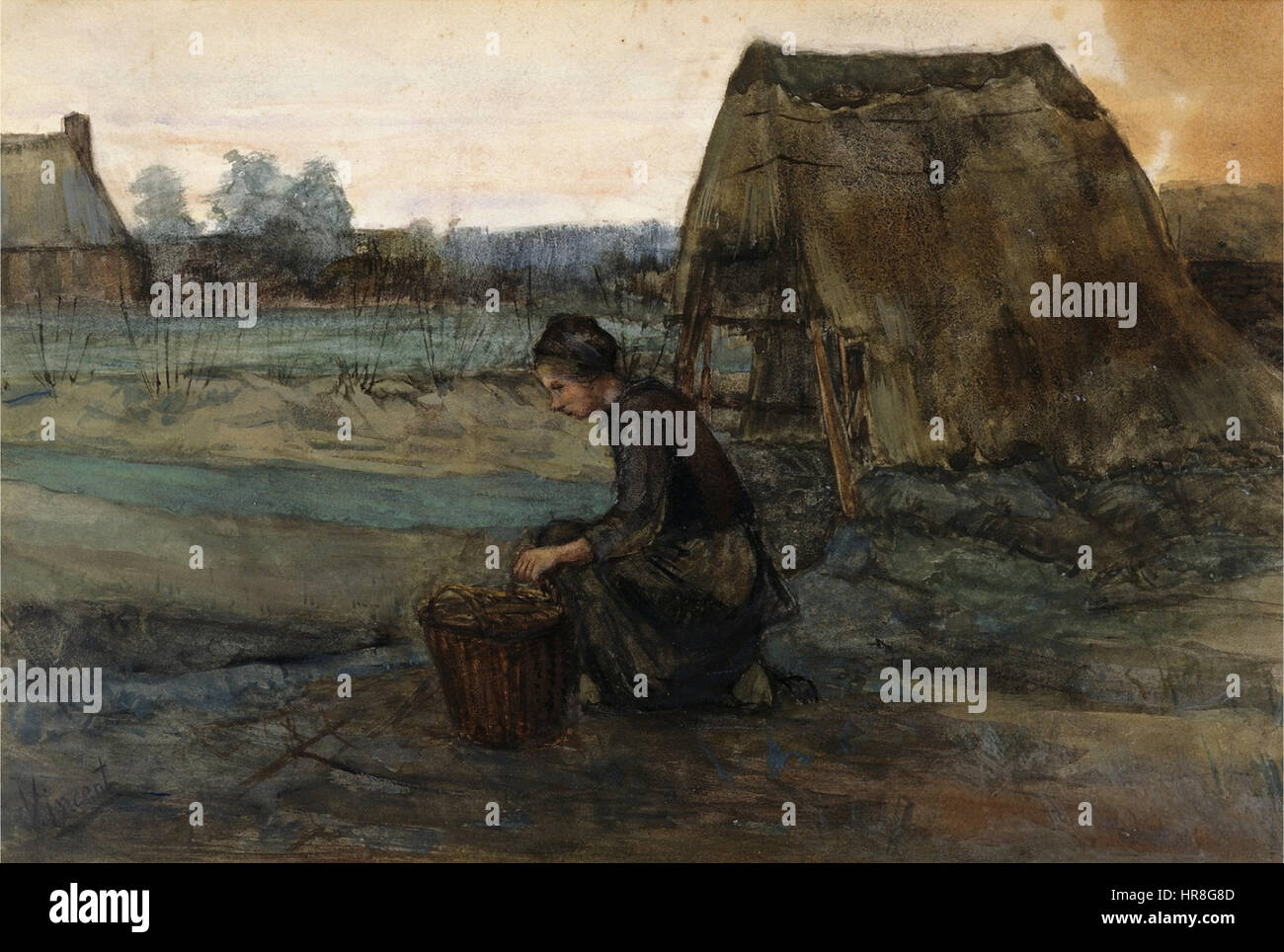 Vincent van Goghs „paysanne Agenouillee devant une Cabane“ (1883) fängt eine kniende Bauernfrau vor einer Hütte ein. Das Werk hebt Van Goghs frühen Stil hervor und seinen Fokus auf ländliches Leben und Arbeit während seiner prägenden Jahre. Stockfoto