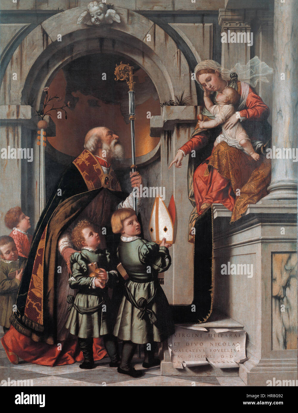 St. Nikolaus von Bari präsentiert die Rovelli Studenten, Madonna und Kind, Gemälde von Moretto da Brescia Stockfoto