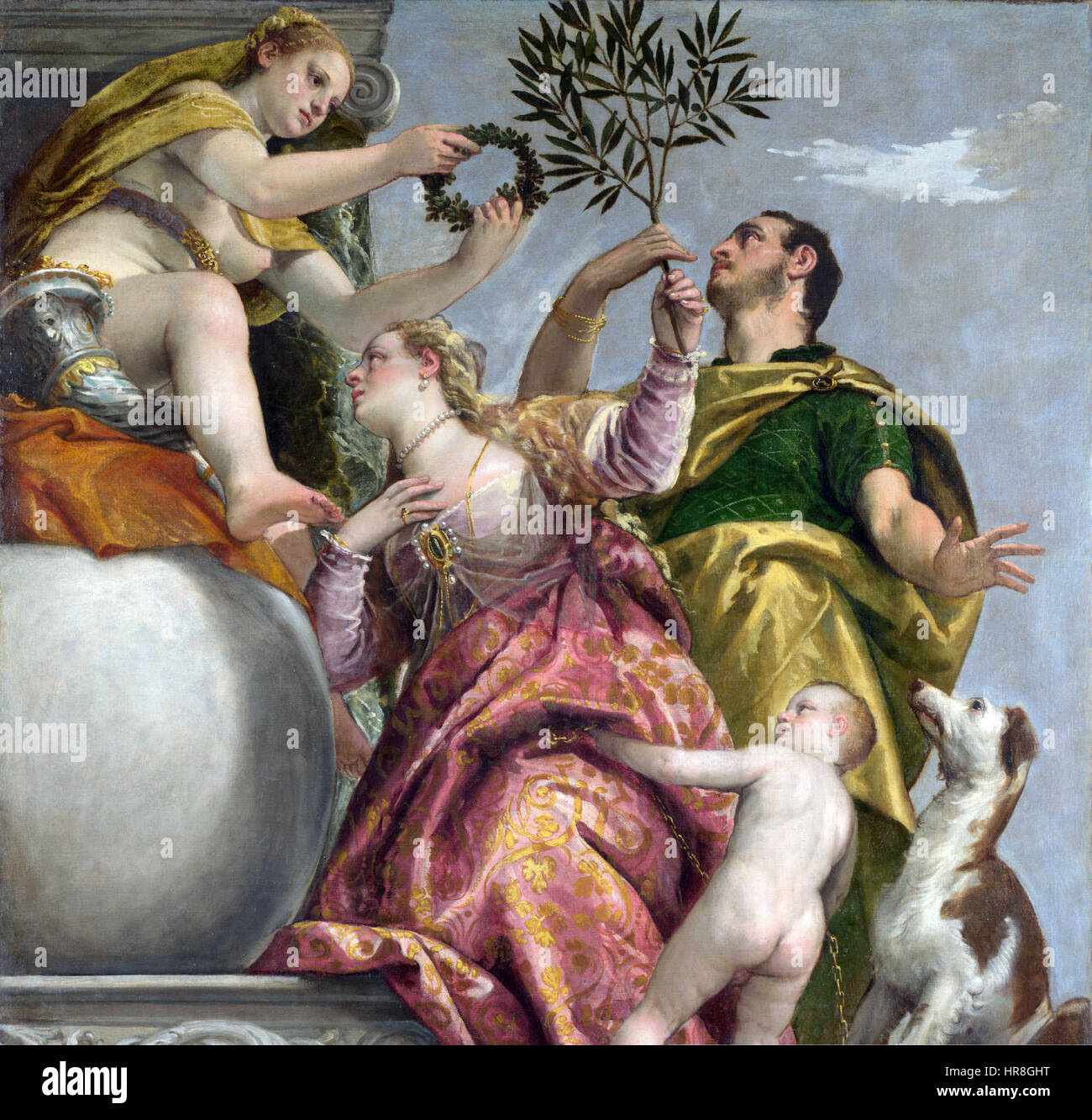 Veroneses „Allegory of Love: Happy Union“ stellt eine idealisierte vereinigung dar, die durch die harmonische Figurenpaarung symbolisiert wird. Das Gemälde spiegelt die ideale der Renaissance von Liebe und Ehe wider, die mit Veroneses unverkennbarer Pracht und Liebe zum Detail versehen sind. Stockfoto