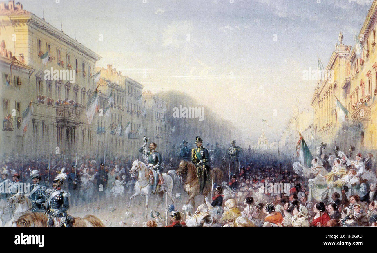 „Vittorio Emanuele II. Kommt nach Mailand“ fängt den Moment ein, als der erste König Italiens 1859 in Mailand eintrat. Das Gemälde zeigt die Pracht des Geschehens mit dem König an der Spitze, flankiert von Soldaten und Bürgern, was die historische Bedeutung der italienischen Einigung widerspiegelt. Stockfoto
