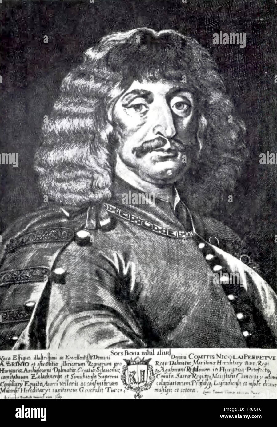 Zrini bezieht sich auf die historische Figur oder Familie von Zrini, die für ihre Rolle in der kroatischen Geschichte bekannt ist, insbesondere bei der Verteidigung der Region während der osmanischen Invasionen. Ihr Vermächtnis wird durch Porträts und historische Darstellungen in Erinnerung gerufen. Stockfoto