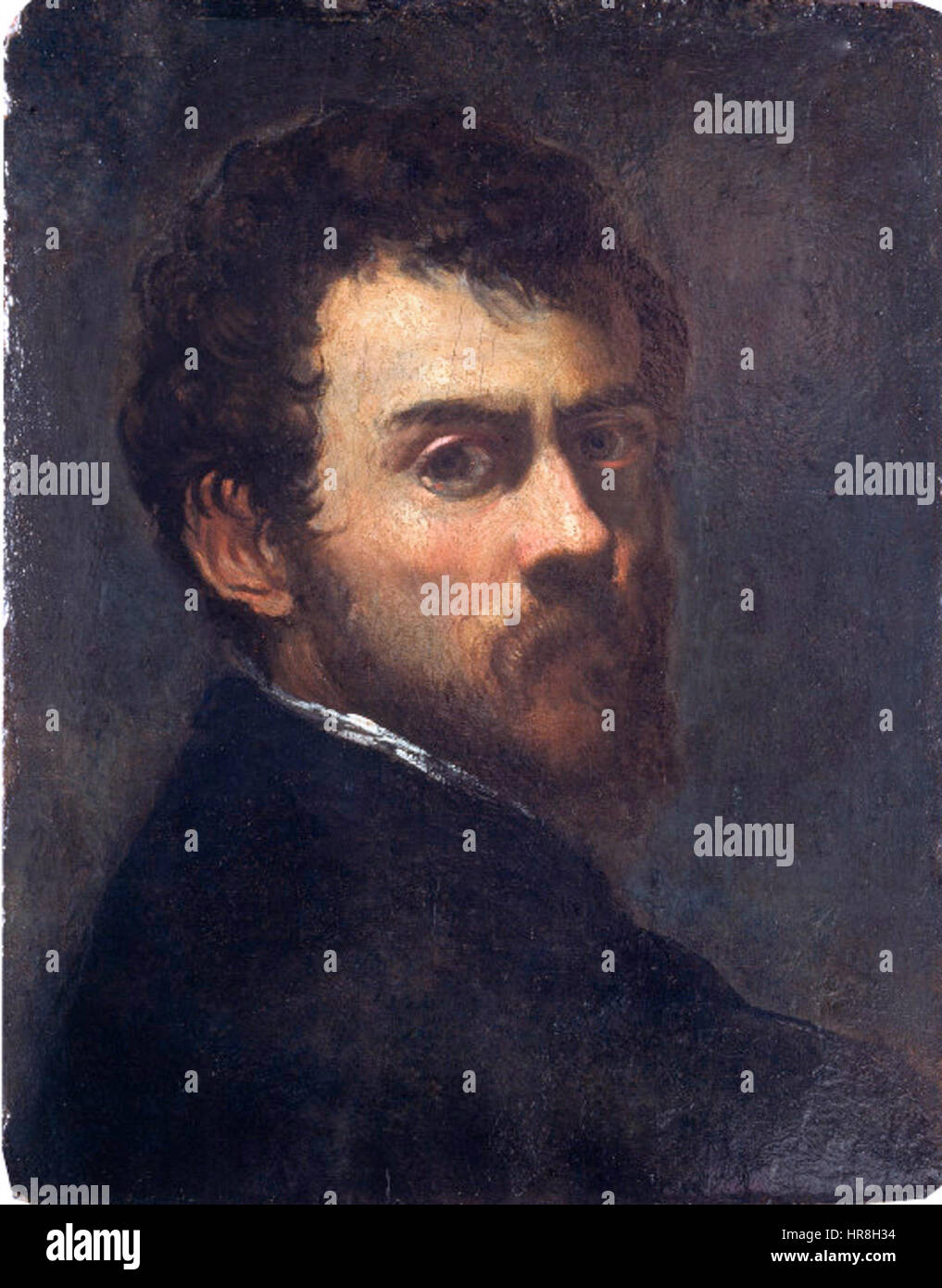 Dieses Selbstporträt von Tintoretto fängt den venezianischen Künstler in seiner Jugend ein. Tintorettos Selbstporträt ist bekannt für seine dramatische Verwendung von Licht und Schatten und spiegelt seine frühe Beherrschung der Technik und seine intensive künstlerische Vision wider. Stockfoto