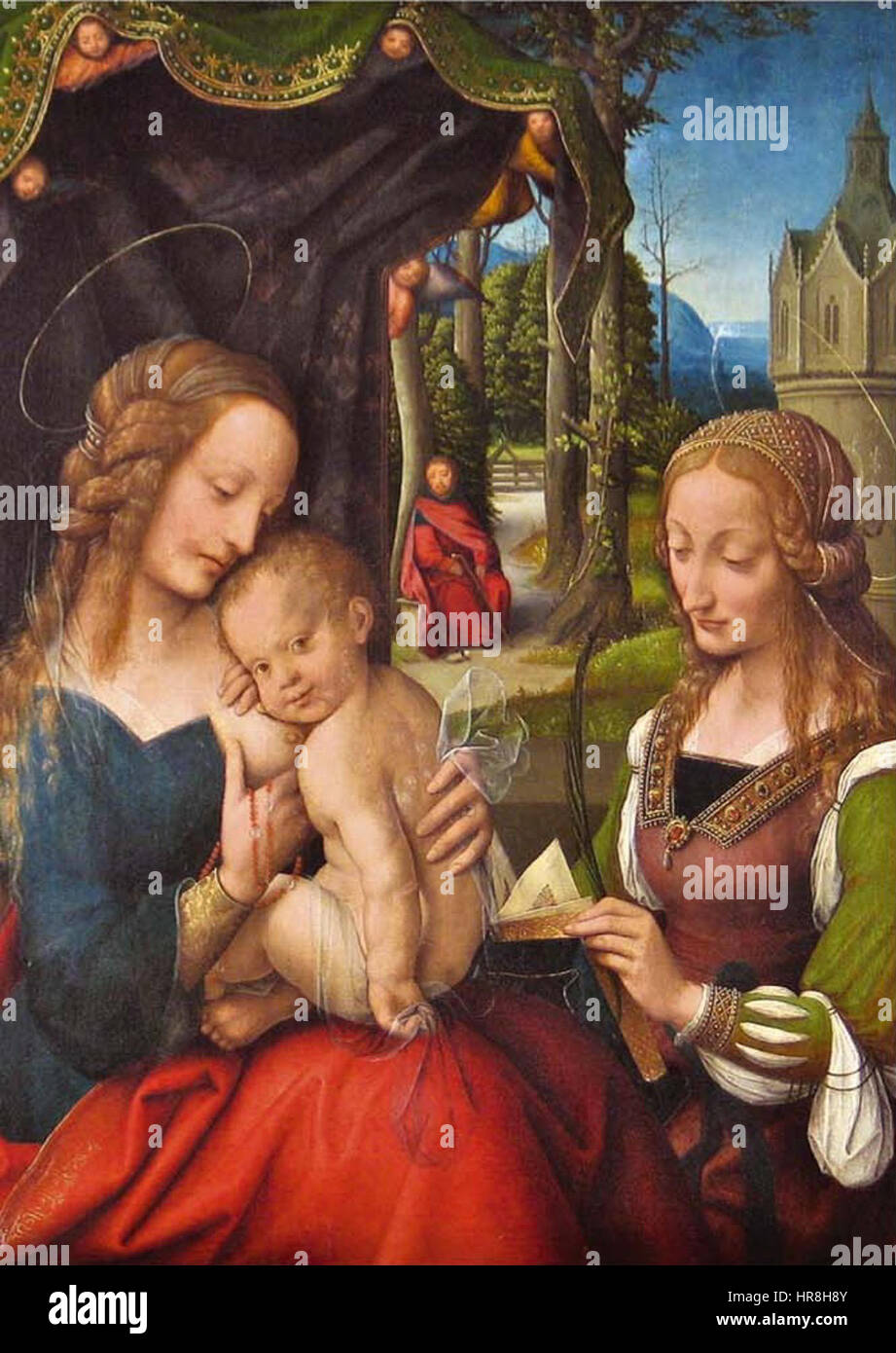 Dieses Gemälde eines unbekannten Künstlers aus dem 16. Jahrhundert stellt die Heilige Familie mit der Heiligen Barbara dar und verbindet religiöse Themen mit einer Komposition im Renaissance-Stil und einer für diese Zeit typischen Farbgebung. Stockfoto