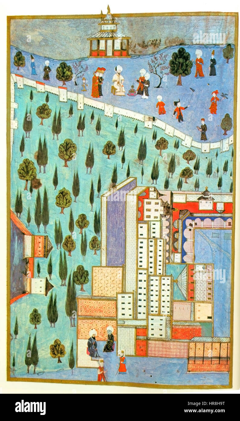 Diese Illustration zeigt den Topkapi-Palast während der Herrschaft von Sultan Selim I. und hebt die Pracht und architektonischen Merkmale des berühmtesten Palastes des Osmanischen Reiches hervor. Stockfoto