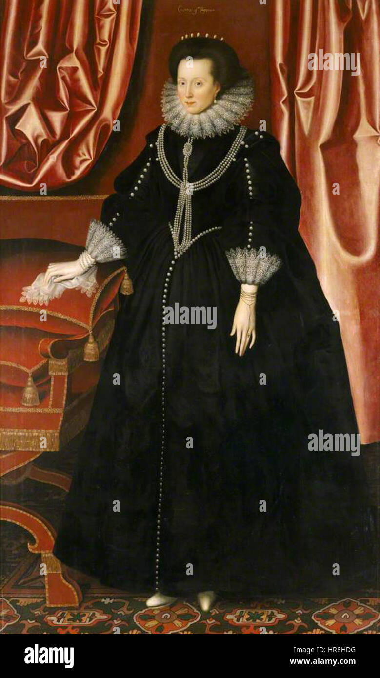 Dieses Porträt von William Larkin zeigt Elizabeth Drury, Gräfin von Exeter, in eleganter Kleidung und einem ausgeglichenen Auftreten. Das Gemälde veranschaulicht das feine Detail und die höfische Eleganz britischer Porträts des frühen 17. Jahrhunderts. Stockfoto