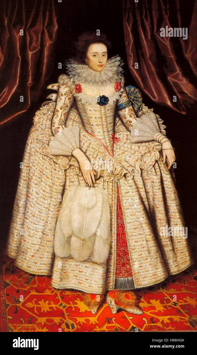 William Larkins Porträt von Mary Curzon, Gräfin von Dorset, präsentiert eine detaillierte und würdevolle Darstellung der aristokratischen Figur. Larkins Aufmerksamkeit für Kleidung und Gesichtsausdruck vermittelt sowohl den Status als auch die Persönlichkeit des Themas, die charakteristisch für die englische Porträtmalerei des frühen 17. Jahrhunderts ist. Stockfoto