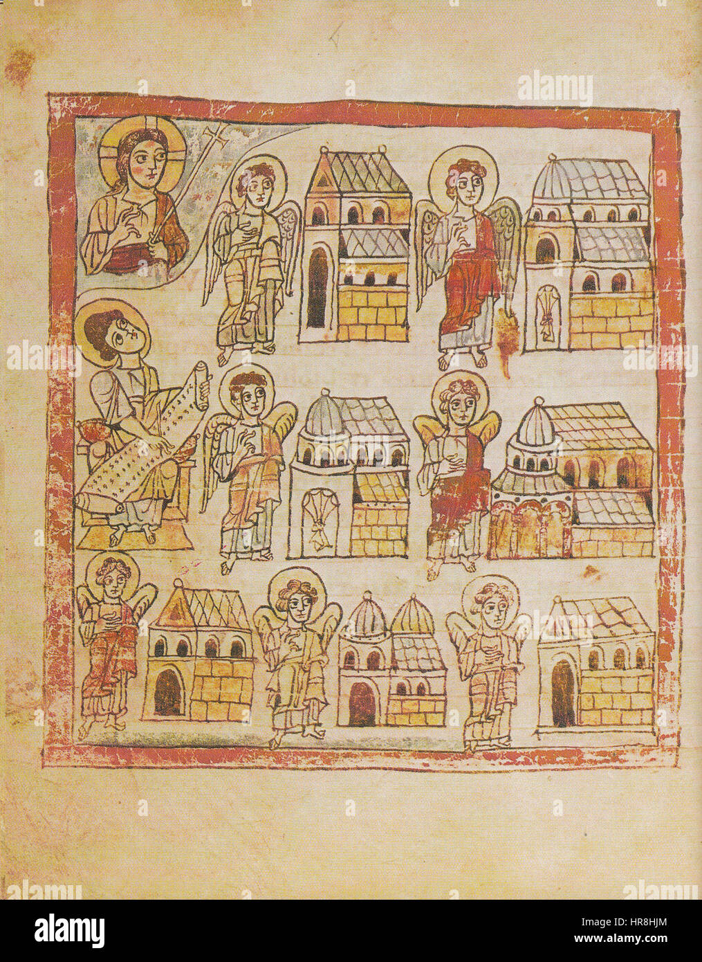 Die Trierer Apokalypse ist eine mittelalterliche Handschrift, die Szenen aus der Apokalypse mit komplizierten Illustrationen darstellt. Das Manuskript präsentiert apokalyptische Bilder in lebendiger und detaillierter Weise, die mittelalterliche religiöse Themen widerspiegeln. Stockfoto