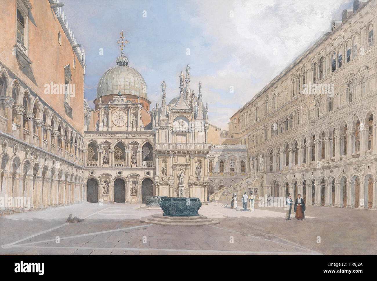 „Venedig Dogenpalast Innenhof“ zeigt den Innenhof des Dogenpalastes in Venedig, Italien. Das Gemälde fängt die architektonische Pracht des Palastes ein und unterstreicht seine historische Bedeutung und die Opulenz der venezianischen Renaissance-Architektur. Stockfoto