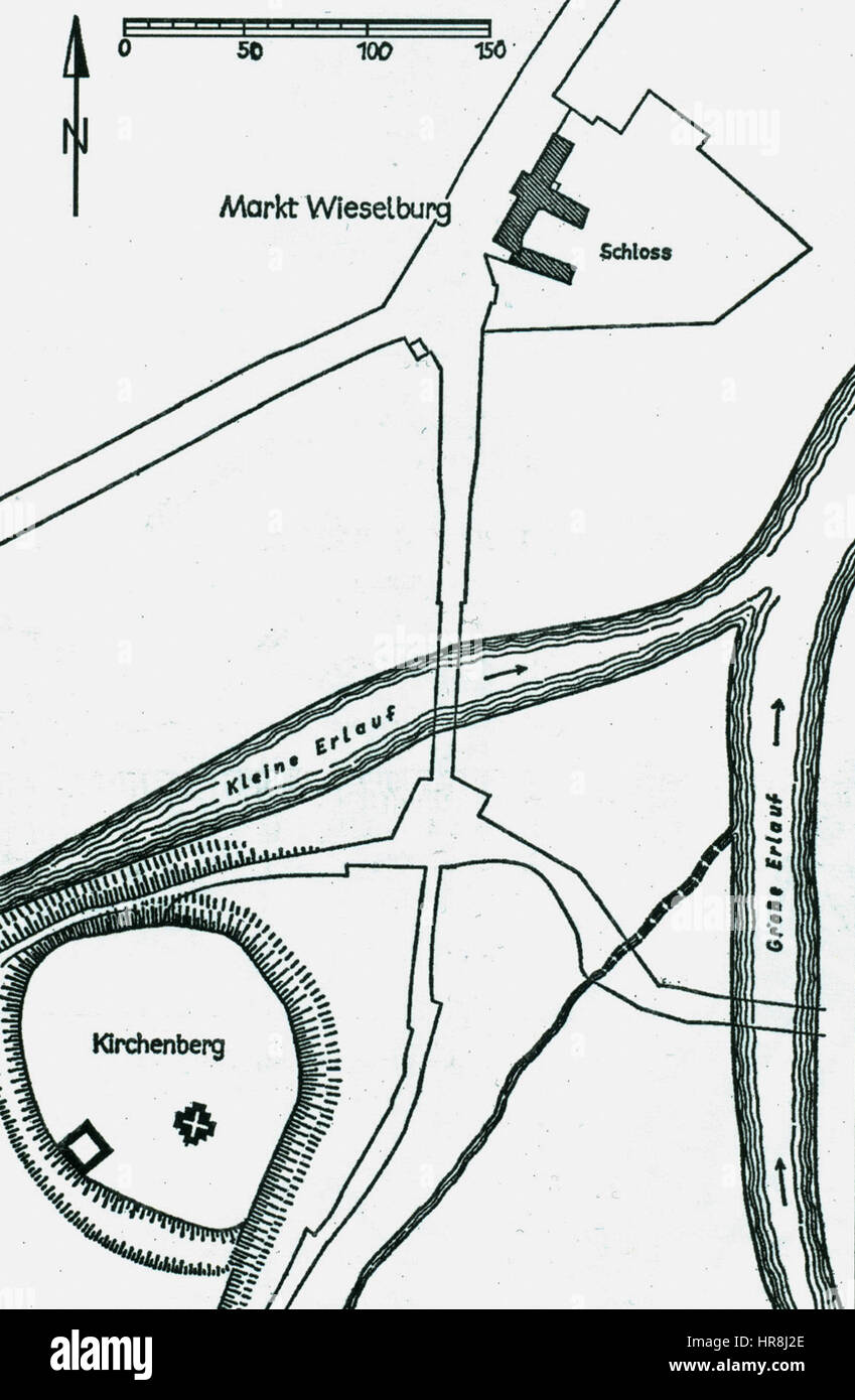„Zuisila“ bezieht sich auf eine frühe deutsche Befestigungsanlage entlang des Erlaufs, die vor 979 datiert wurde. Das Fort, wahrscheinlich Teil frühmittelalterlicher Verteidigungsstrukturen, hätte im frühen Mittelalter als strategischer militärischer Außenposten in der Region gedient. Stockfoto