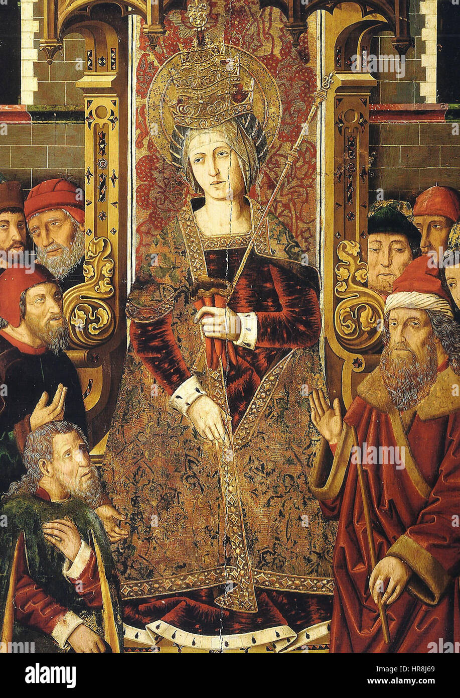 Das Gemälde „St. Helena thront unter den Juden“ von Jimenez-Bernalt, das in den 1480er Jahren entstand, zeigt die heilige Figur der Heiligen Helena umgeben von jüdischen Figuren. Sie reflektiert die mittelalterliche christliche Perspektive auf religiöse Themen und historische Erzählungen. Stockfoto