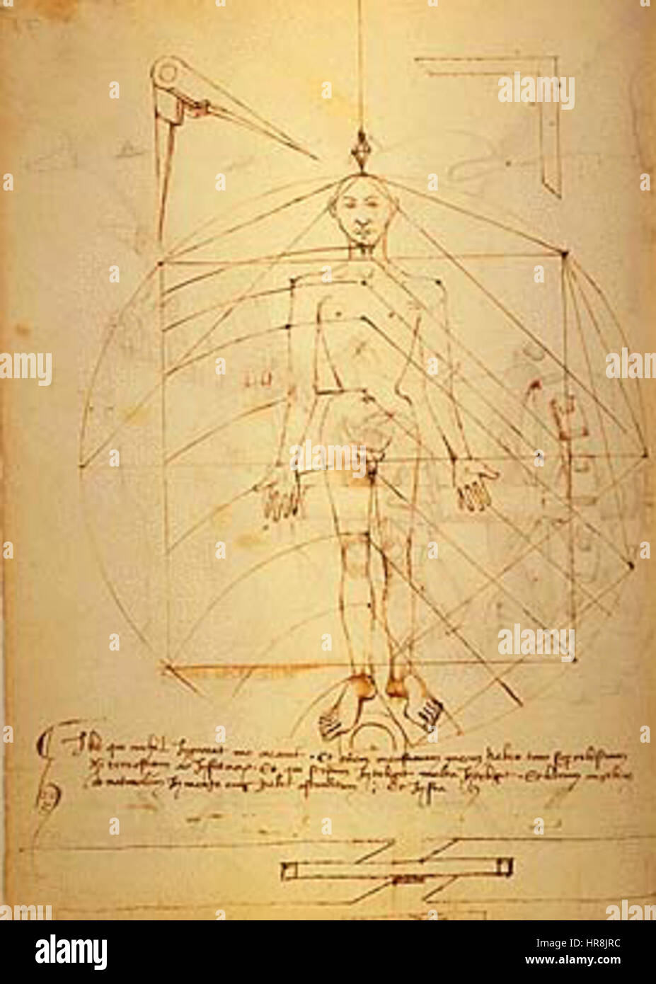 Taccolas Vitruvian man-Zeichnung erforscht die Proportionen des menschlichen Körpers und folgt Vitruvs klassischen Symmetrieprinzipien und idealen menschlichen Proportionen. Stockfoto